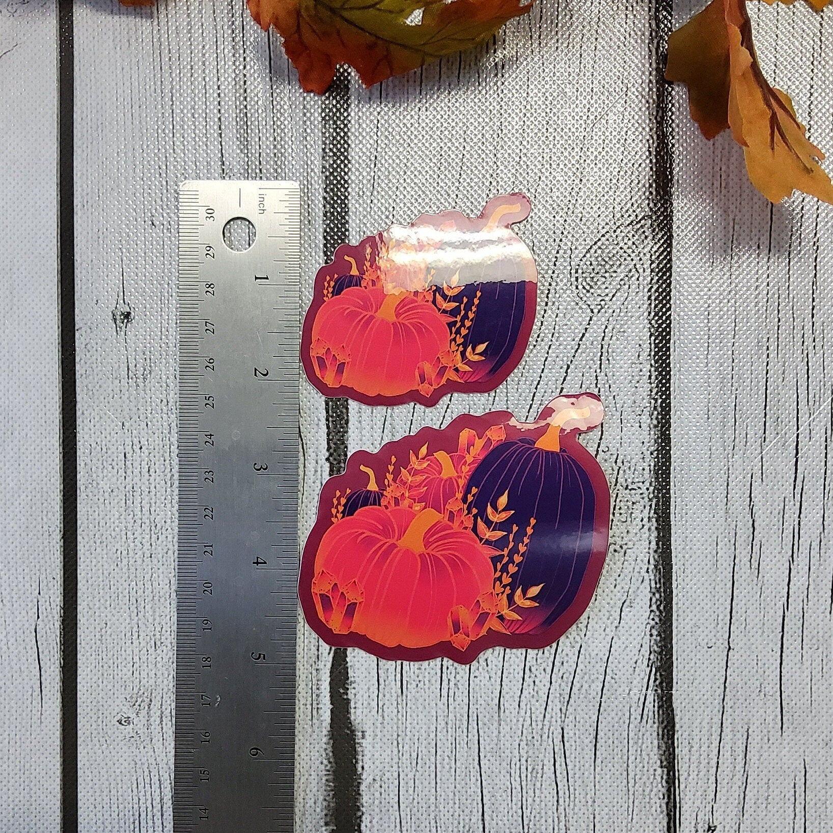 GLOSSY STICKER: Psychadelic Pumpkins and Crystals Sticker , Orange and Purple Pumpkins, Spooky Pumpkin Art Acornandcrowstudio