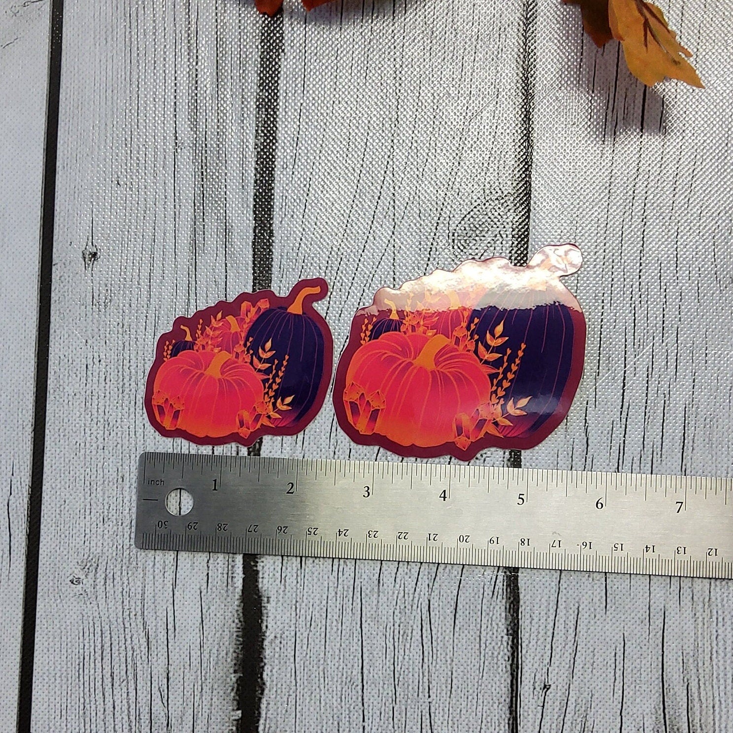 GLOSSY STICKER: Psychadelic Pumpkins and Crystals Sticker , Orange and Purple Pumpkins, Spooky Pumpkin Art Acornandcrowstudio