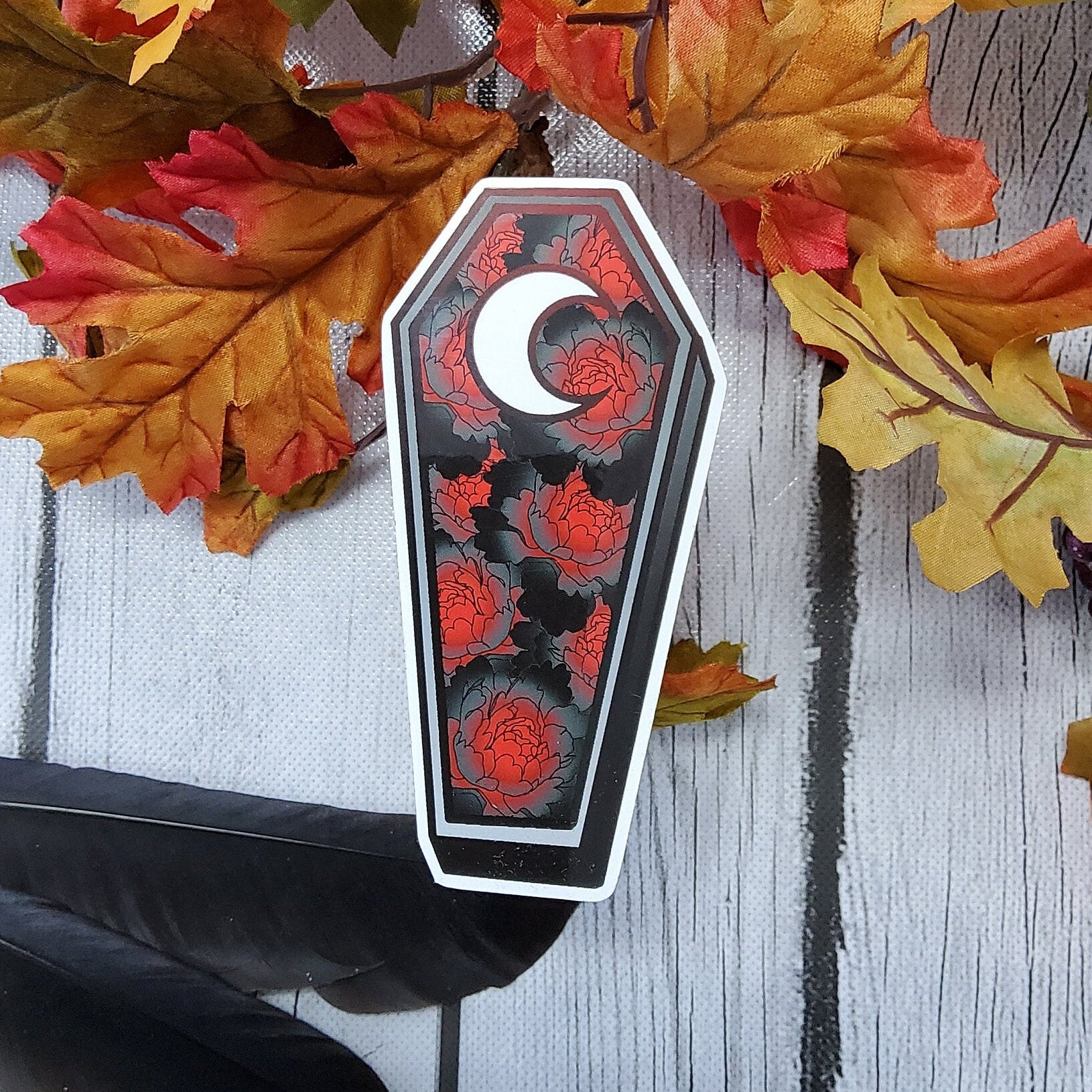 GLOSSY STICKER: Red and Black Peony Coffin Art , Dark Aesthetic Peony Sticker , Dark Academia Sticker , Dark Floral Art , Black Peony Acornandcrowstudio