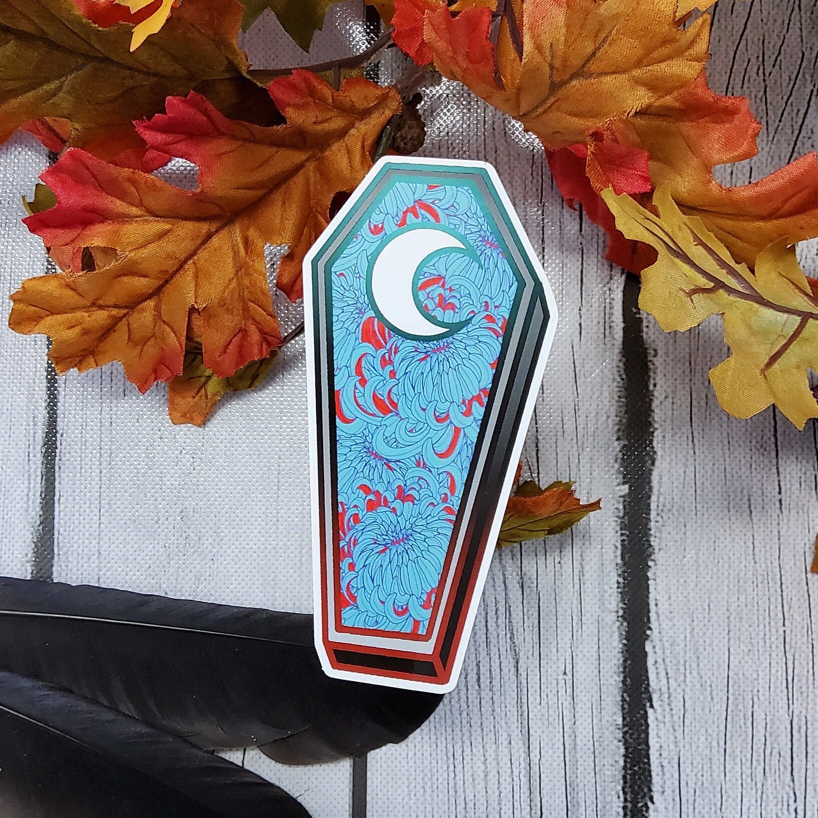 GLOSSY STICKER: Red and Blue Chrysanthemum Coffin Art , Dark Aesthetic Flroal Sticker , Dark Academia Sticker , Dark Floral Art