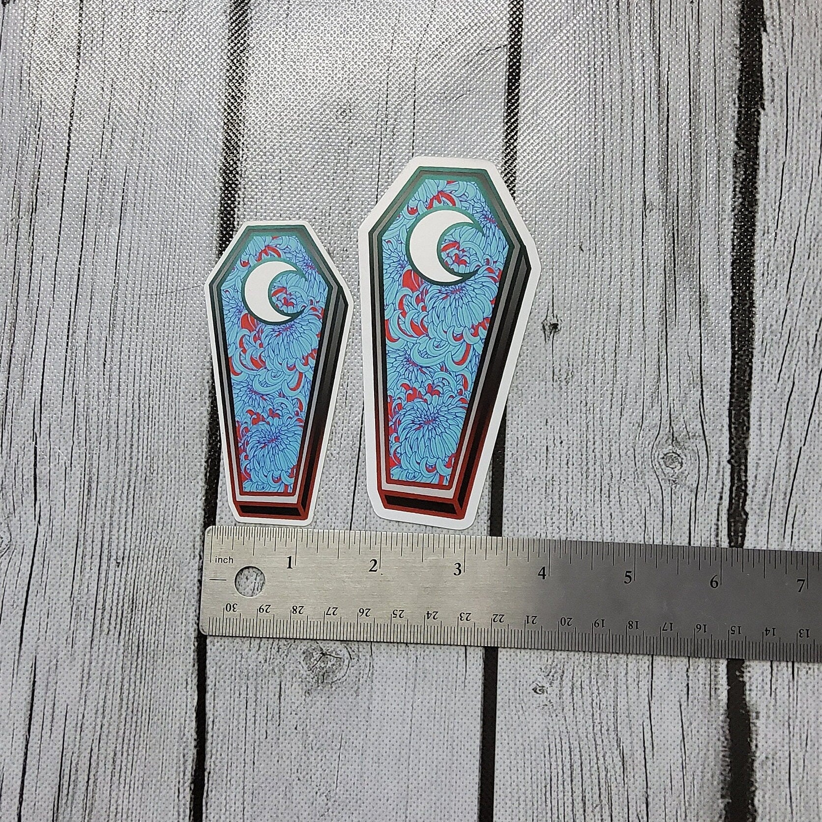 GLOSSY STICKER: Red and Blue Chrysanthemum Coffin Art , Dark Aesthetic Flroal Sticker , Dark Academia Sticker , Dark Floral Art