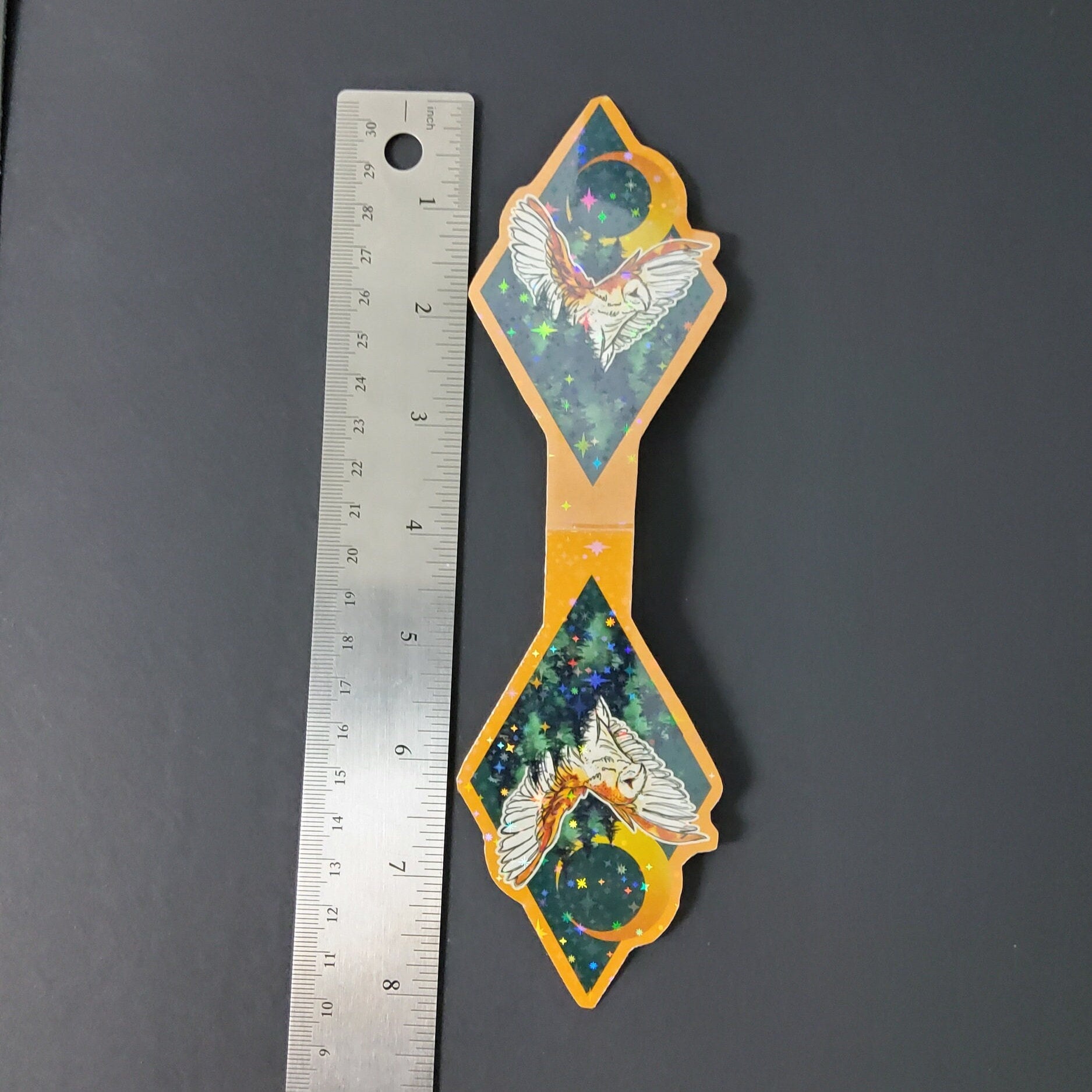 HANDMADE MAGNETIC BOOKMARK: Forest Owl and Gold Moon , Dark Forest and Barn Owl Bookmark , Owl and Moon Art , Barn Owl Bookmark