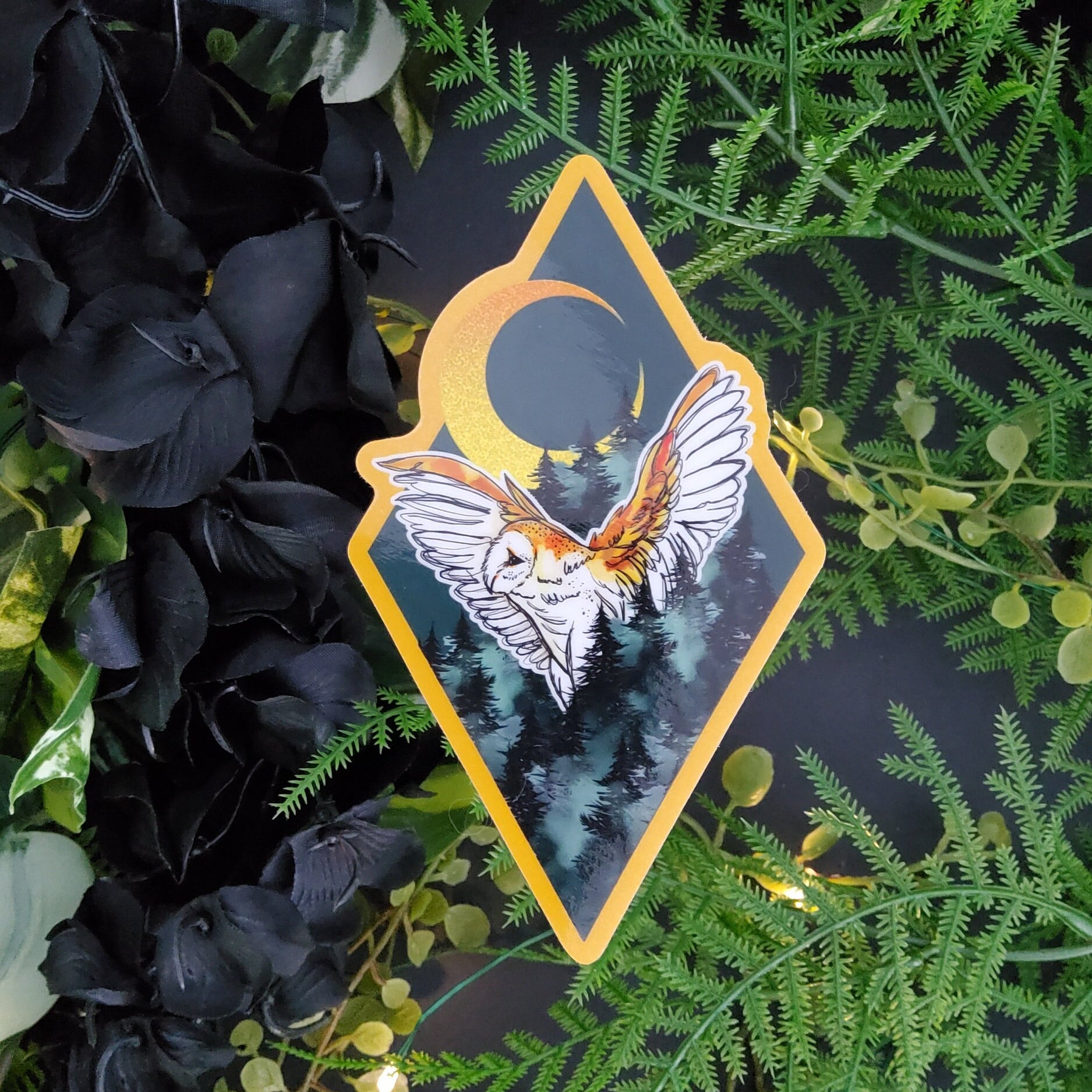 GOLD GLOSSY STICKER: The Owl Sparkly Diamond Sticker , The Owl and Dark Forest Foil Sticker , The Owl Forest Sticker , Barn Owl Sticker