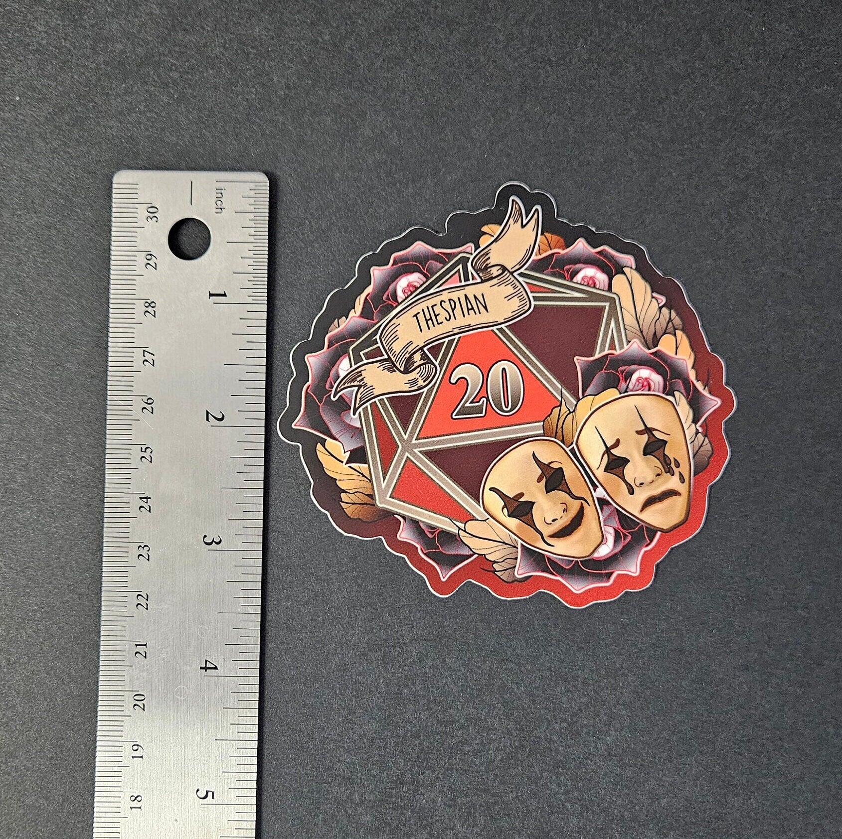 MATTE STICKER: D20 The Thespian , Floral D20 Sticker , Floral D20 Stickers, D20 Sticker , D20 Thespian Sticker , Player Type D20