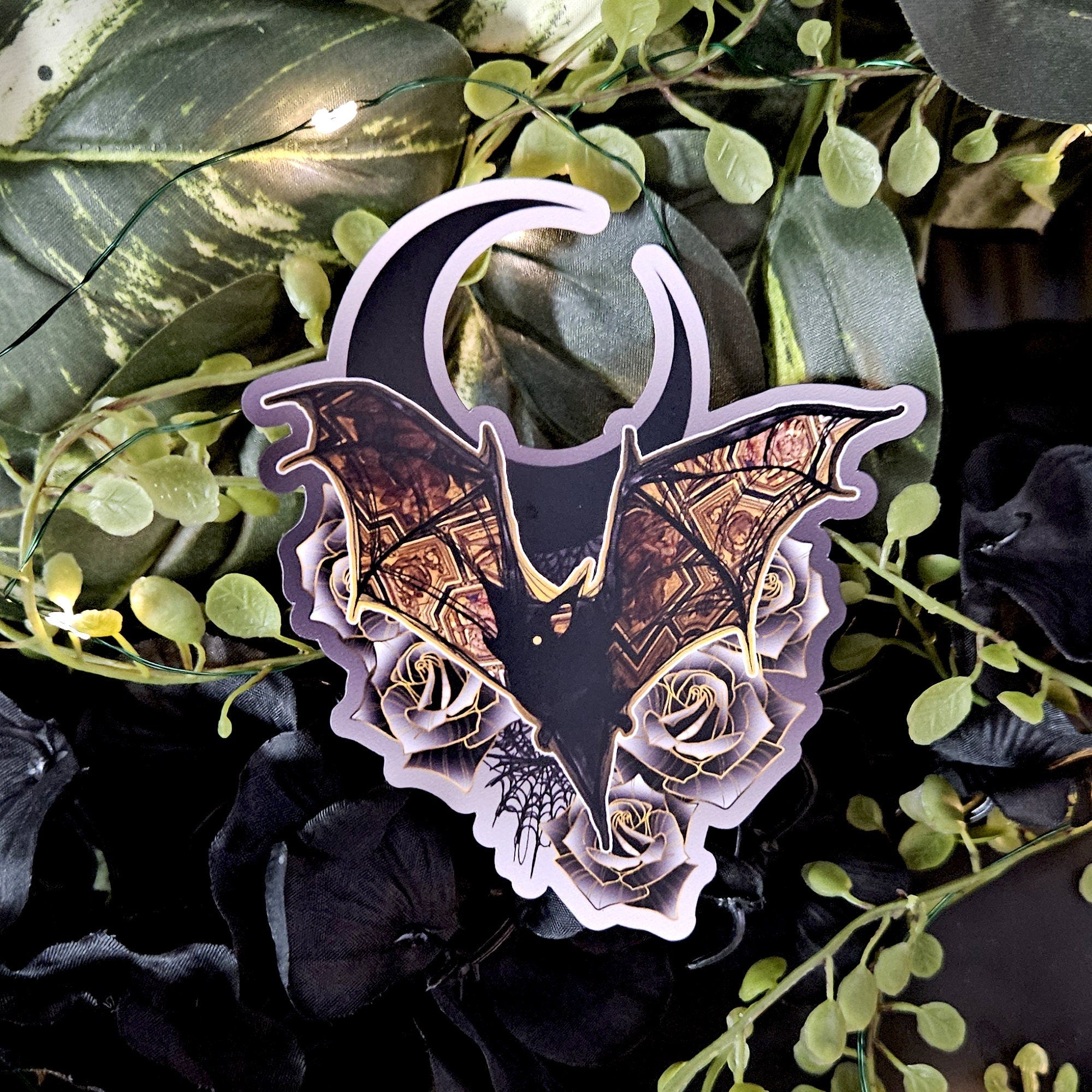 MAGNET: Florence Bat with Black Moon , Bat with Frescos and Night Sky Decorative Magnet , Bat and Moon Art Magnet , Bat and Moon Magnet