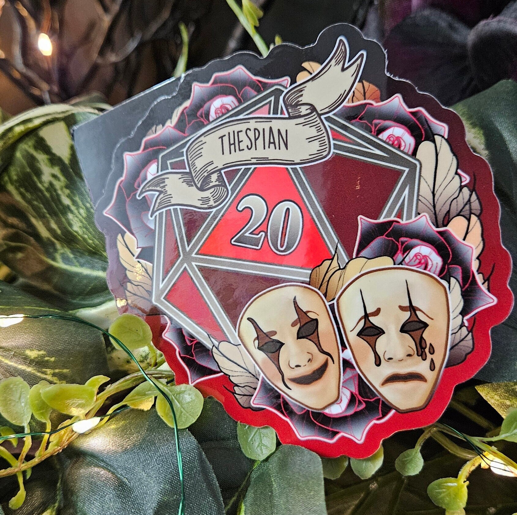 GLOSSY STICKER: D20 The Thespian , Floral D20 Sticker , Floral D20 Stickers, D20 Sticker , D20 Thespian Sticker , Player Type D20 Sticker Acornandcrowstudio