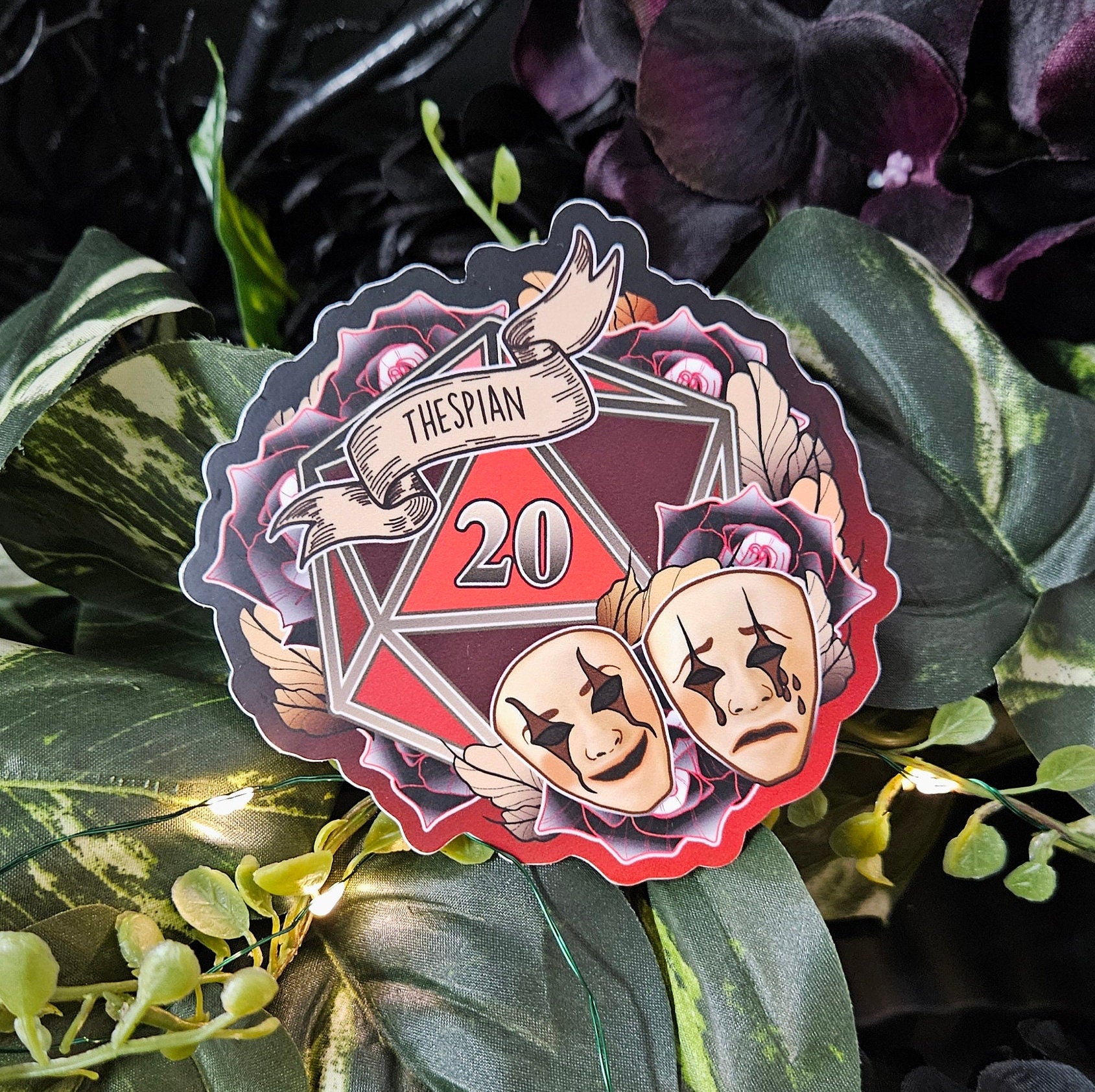 MATTE STICKER: D20 The Thespian , Floral D20 Sticker , Floral D20 Stickers, D20 Sticker , D20 Thespian Sticker , Player Type D20