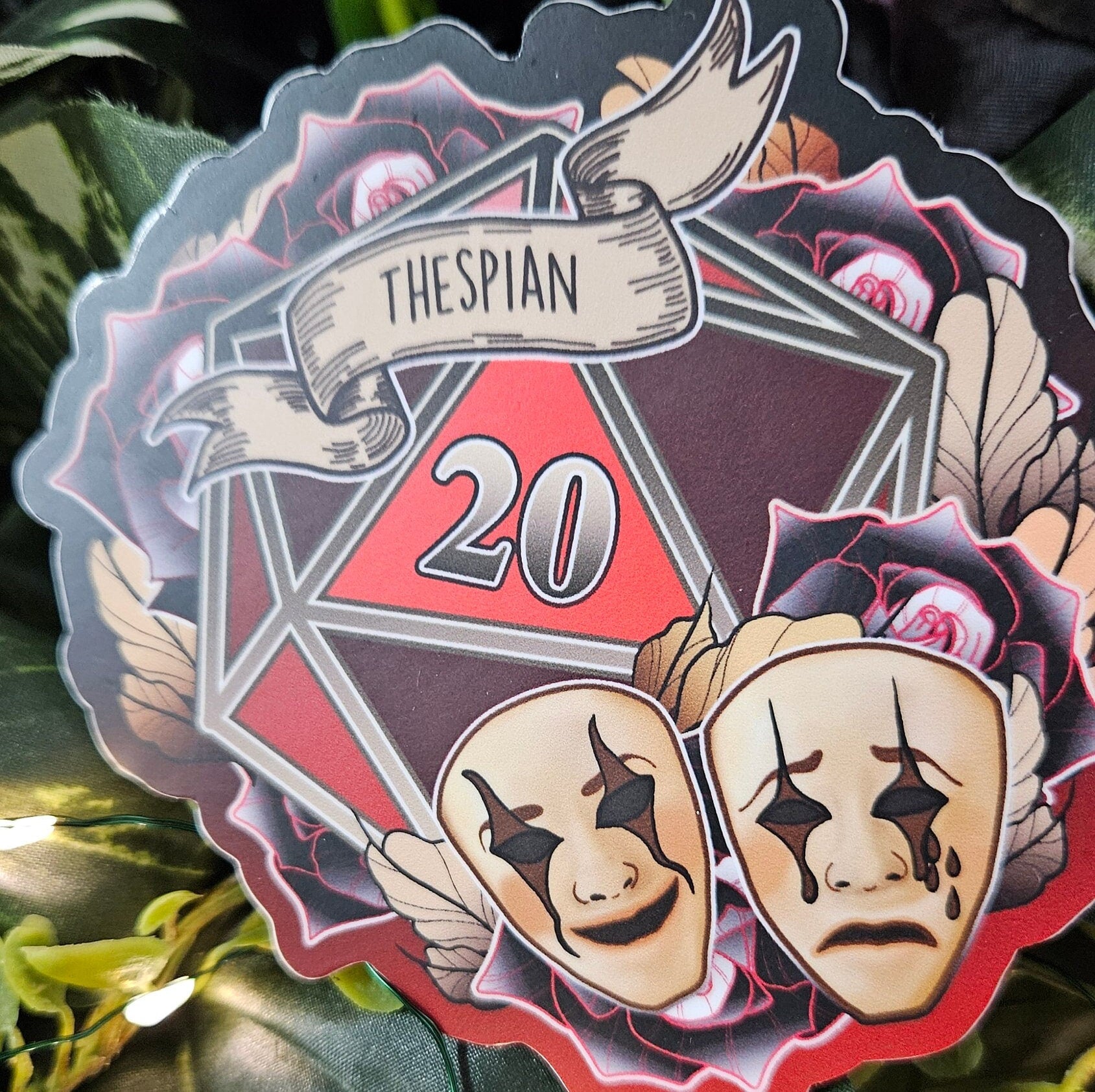 MATTE STICKER: D20 The Thespian , Floral D20 Sticker , Floral D20 Stickers, D20 Sticker , D20 Thespian Sticker , Player Type D20