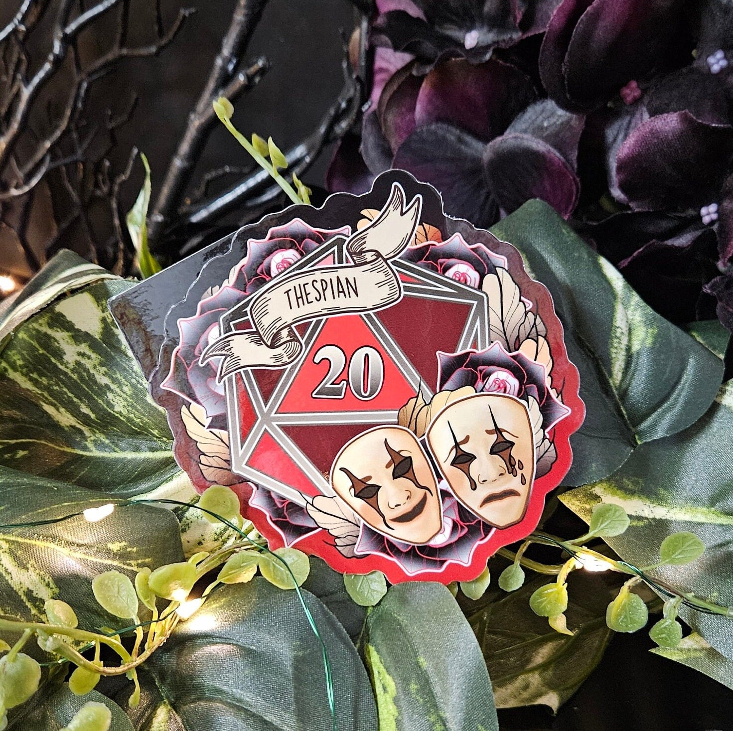 GLOSSY STICKER: D20 The Thespian , Floral D20 Sticker , Floral D20 Stickers, D20 Sticker , D20 Thespian Sticker , Player Type D20 Sticker Acornandcrowstudio