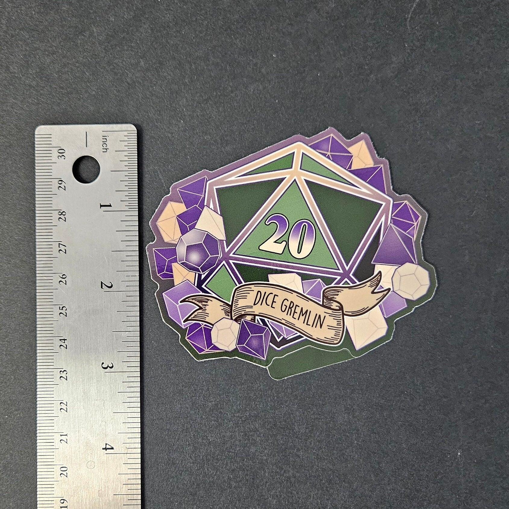 GLOSSY STICKER: D20 The Dice Gremlin , Dice Gremlin D20 Sticker , D20 Stickers, D20 Sticker , D20 Dice Gremlin Sticker , Player Type D20
