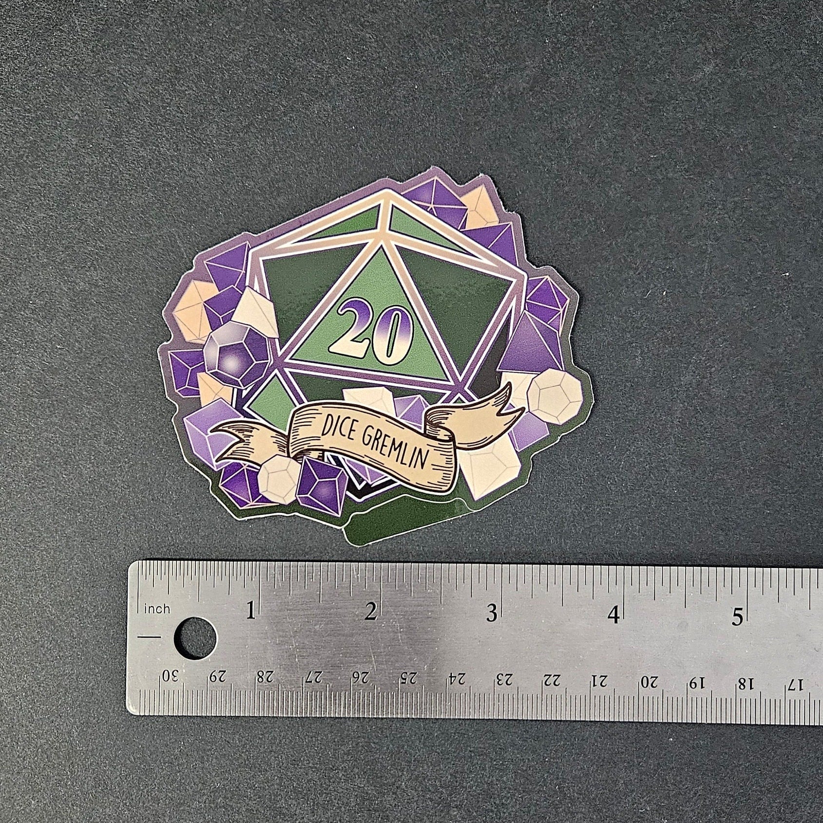 GLOSSY STICKER: D20 The Dice Gremlin , Dice Gremlin D20 Sticker , D20 Stickers, D20 Sticker , D20 Dice Gremlin Sticker , Player Type D20