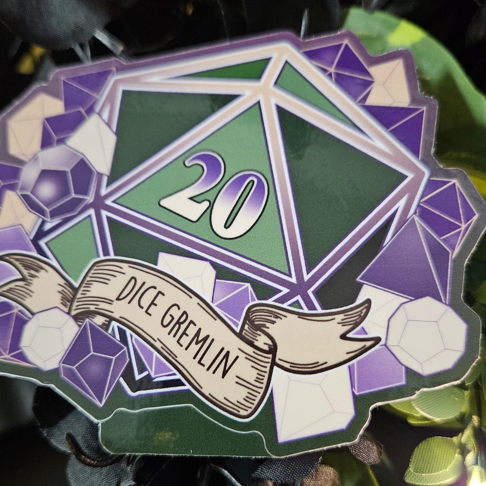GLOSSY STICKER: D20 The Dice Gremlin , Dice Gremlin D20 Sticker , D20 Stickers, D20 Sticker , D20 Dice Gremlin Sticker , Player Type D20
