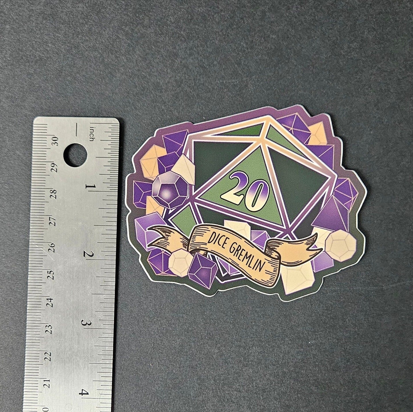 MATTE STICKER: D20 The Dice Gremlin , Dice Gremlin D20 Sticker , D20 Stickers, D20 Sticker , D20 Dice Gremlin Sticker , Player Type D20