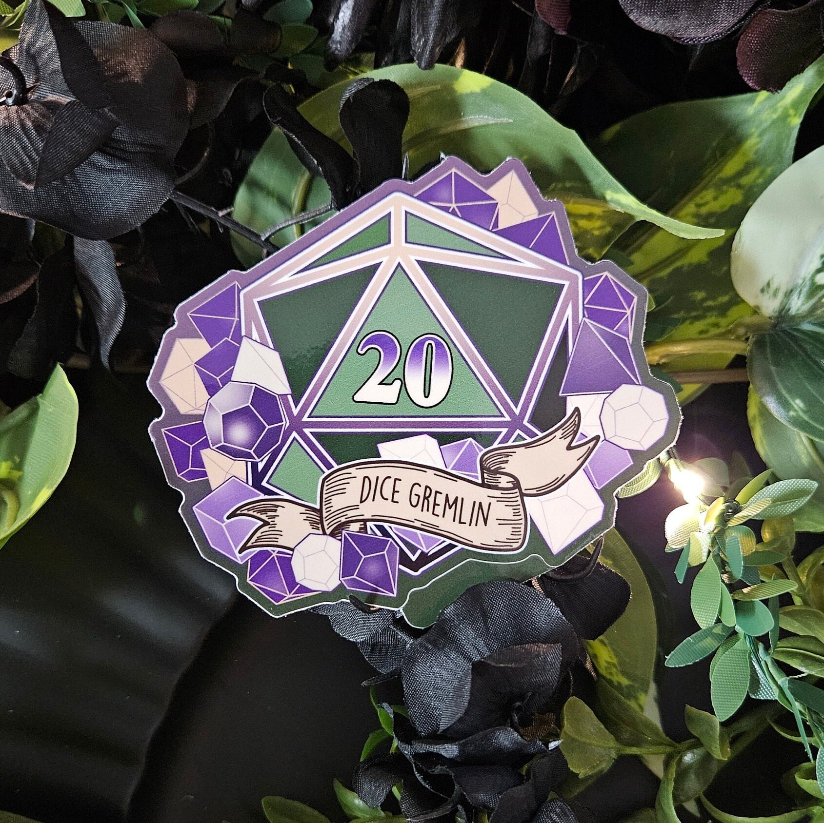 GLOSSY STICKER: D20 The Dice Gremlin , Dice Gremlin D20 Sticker , D20 Stickers, D20 Sticker , D20 Dice Gremlin Sticker , Player Type D20