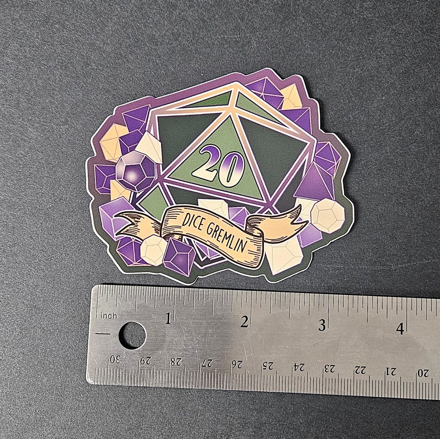 MATTE STICKER: D20 The Dice Gremlin , Dice Gremlin D20 Sticker , D20 Stickers, D20 Sticker , D20 Dice Gremlin Sticker , Player Type D20