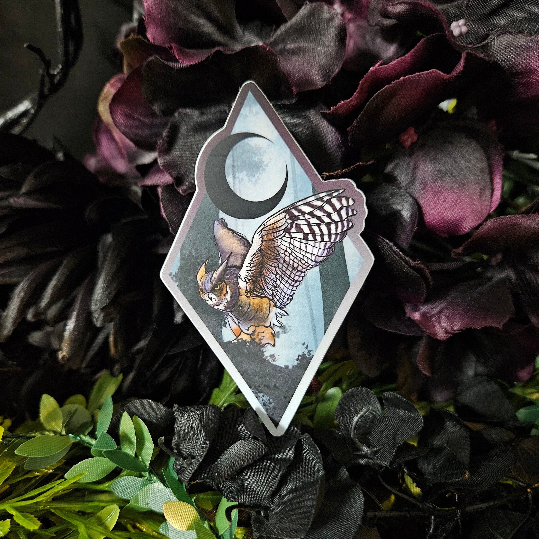 MATTE STICKER: Horned Owl and Misty Forest , Great Horned Owl in a Blue Twilight , Owl and Forest , Owl and Misty Forest Art