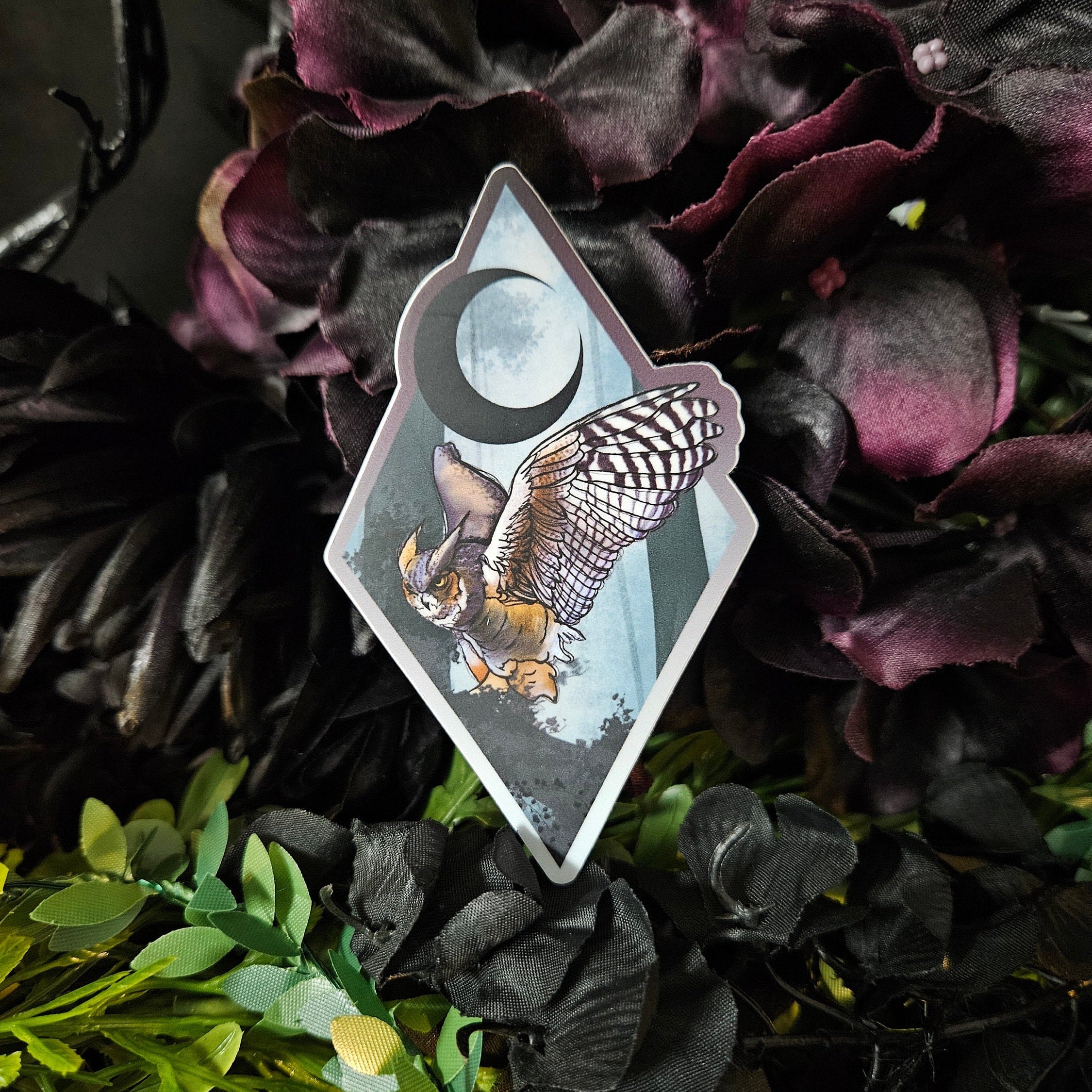 MATTE STICKER: Horned Owl and Misty Forest , Great Horned Owl in a Blue Twilight , Owl and Forest , Owl and Misty Forest Art Decorative Sticker Acornandcrowstudio