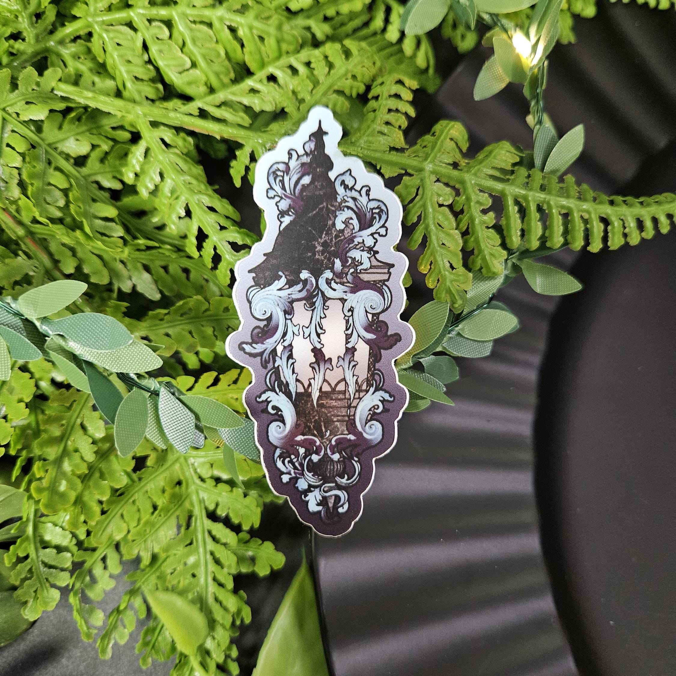 MATTE STICKER: Dark Ghost Lantern with Blue Filigree Decorative Sticker Acornandcrowstudio