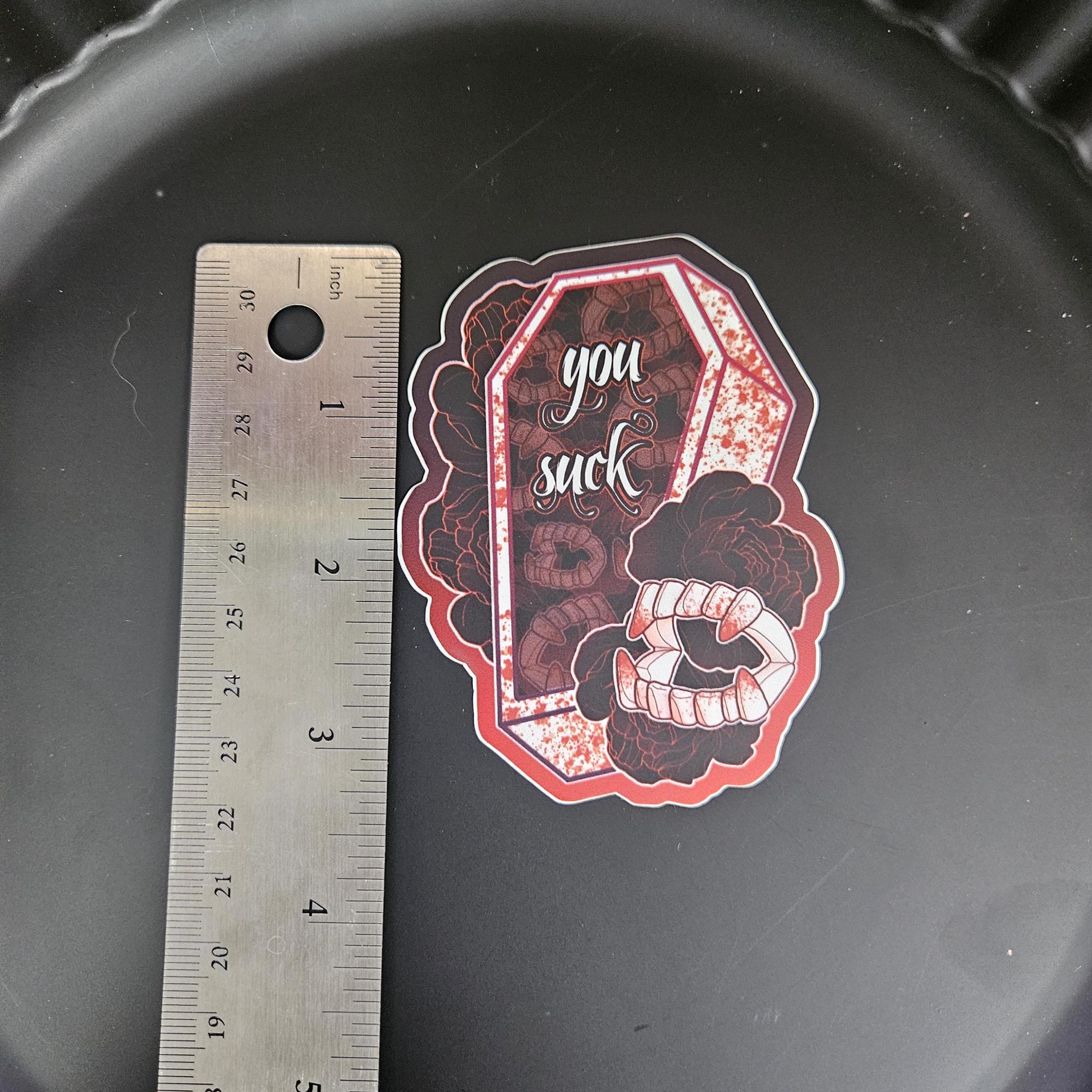 MATTE STICKER: Vampire 'You Suck' Coffin with Red Roses Decorative Sticker Acornandcrowstudio