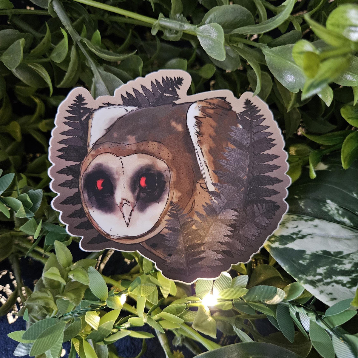 MATTE STICKER: Persistent Horror Barn Owl and Ferns Decorative Sticker Acornandcrowstudio