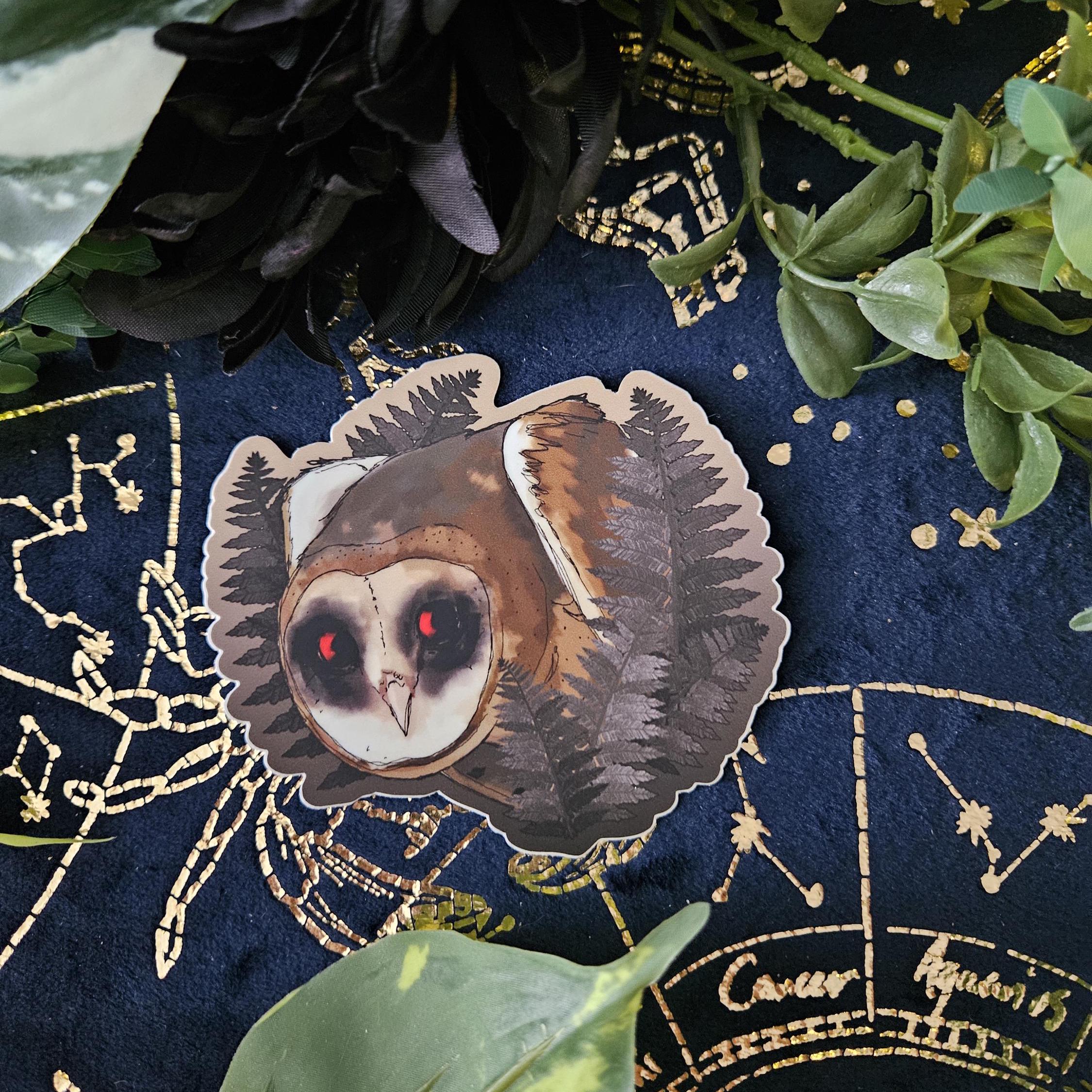 MATTE STICKER: Persistent Horror Barn Owl and Ferns Decorative Sticker Acornandcrowstudio