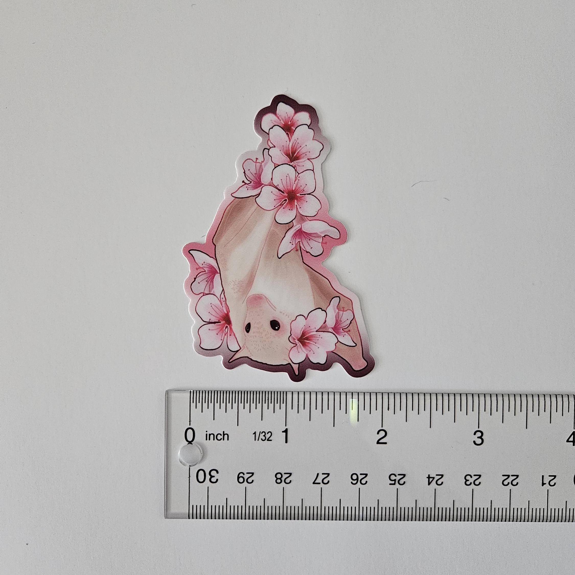 MATTE STICKER: Sakura Bat , Pink Cherry Blossom and Bat Sticker , Blossoms and Bat Sticker , Sakura Blossom and Bat Decorative Sticker Acornandcrowstudio