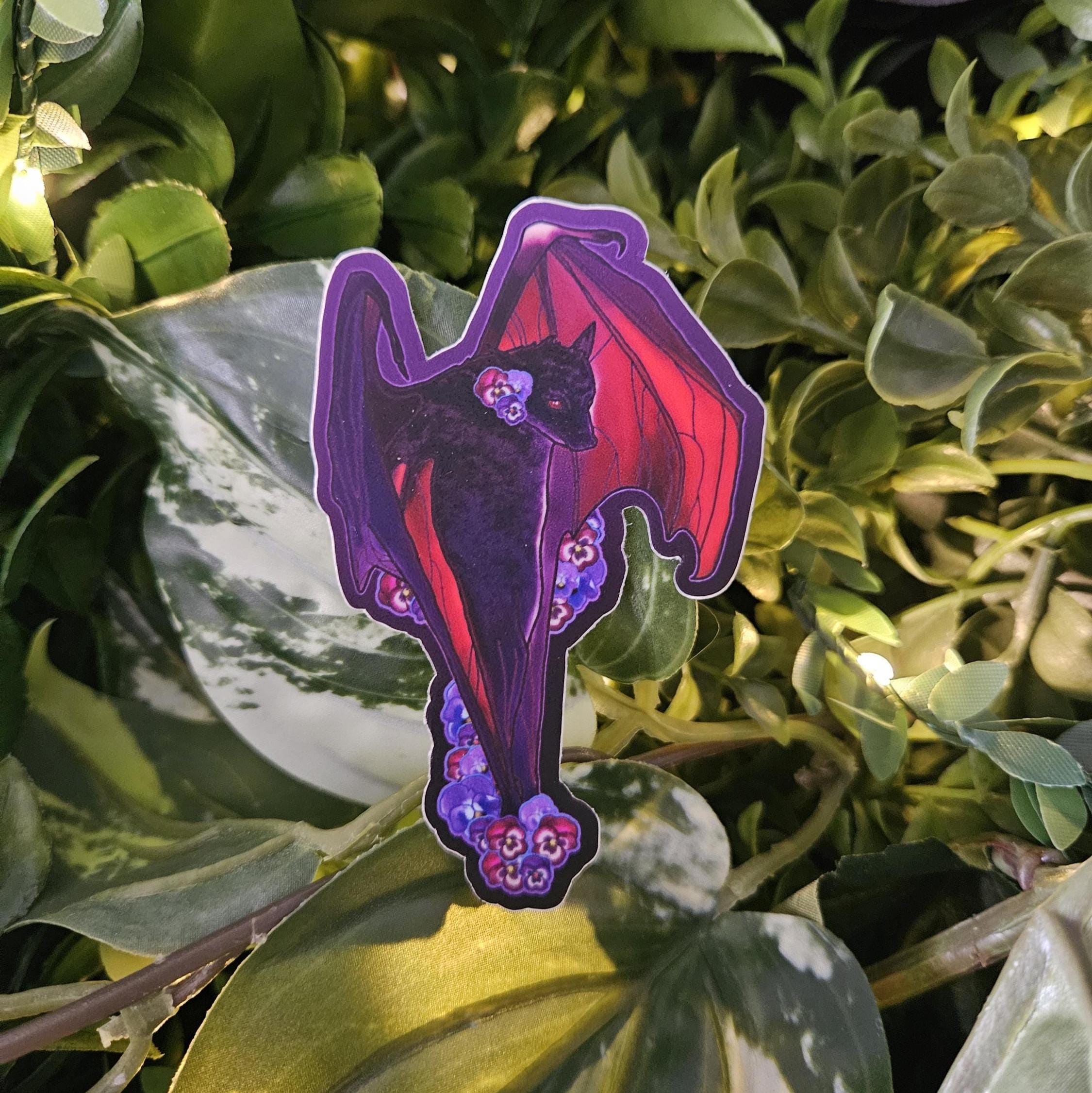 MATTE STICKER: Pansy Bat , Purple and Red Pansies and Bat Sticker , Blossoms and Bat Sticker , Pansy Floral and Bat
