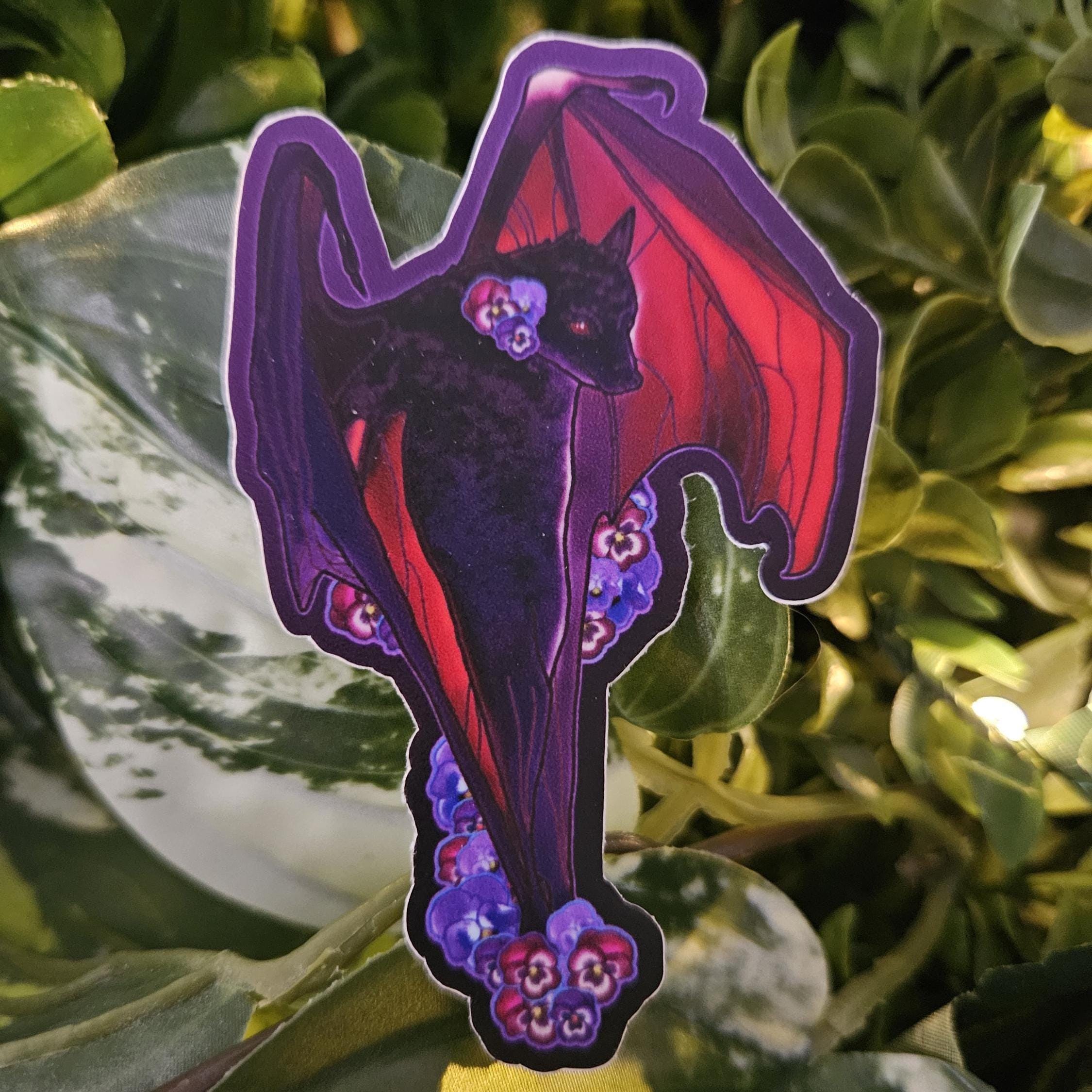 MATTE STICKER: Pansy Bat , Purple and Red Pansies and Bat Sticker , Blossoms and Bat Sticker , Pansy Floral and Bat