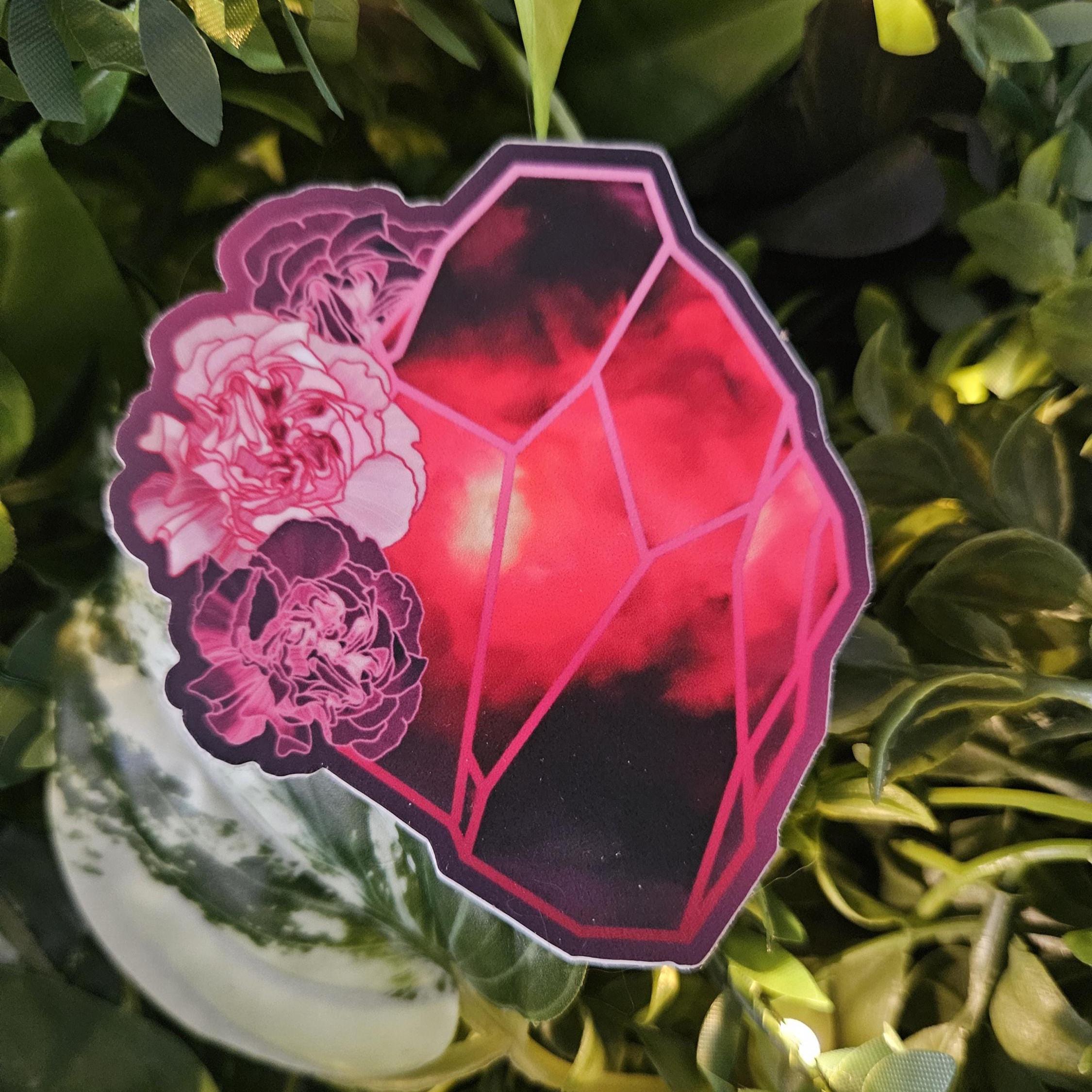 MATTE STICKER: January Garnet and Pink Carnation Birthstone Crystal , Garnet Crystal Sticker , Crystal Sticker , Crystal