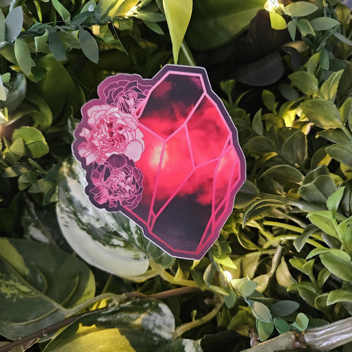 MATTE STICKER: January Garnet and Pink Carnation Birthstone Crystal , Garnet Crystal Sticker , Crystal Sticker , Crystal