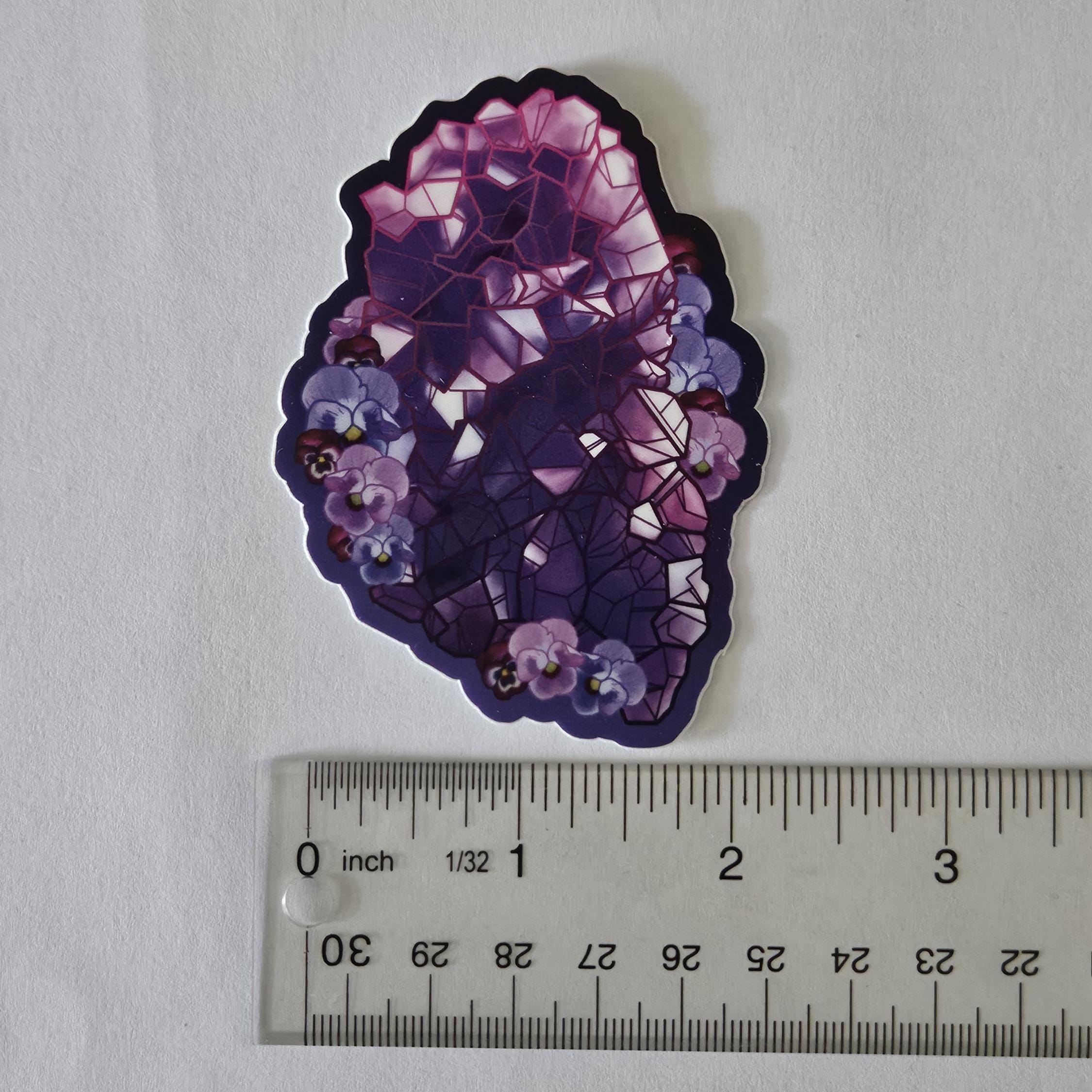MATTE STICKER: February Amethyst and Purple Pansy Birthstone Crystal , Amethyst Crystal Sticker , Crystal Sticker , Crystal
