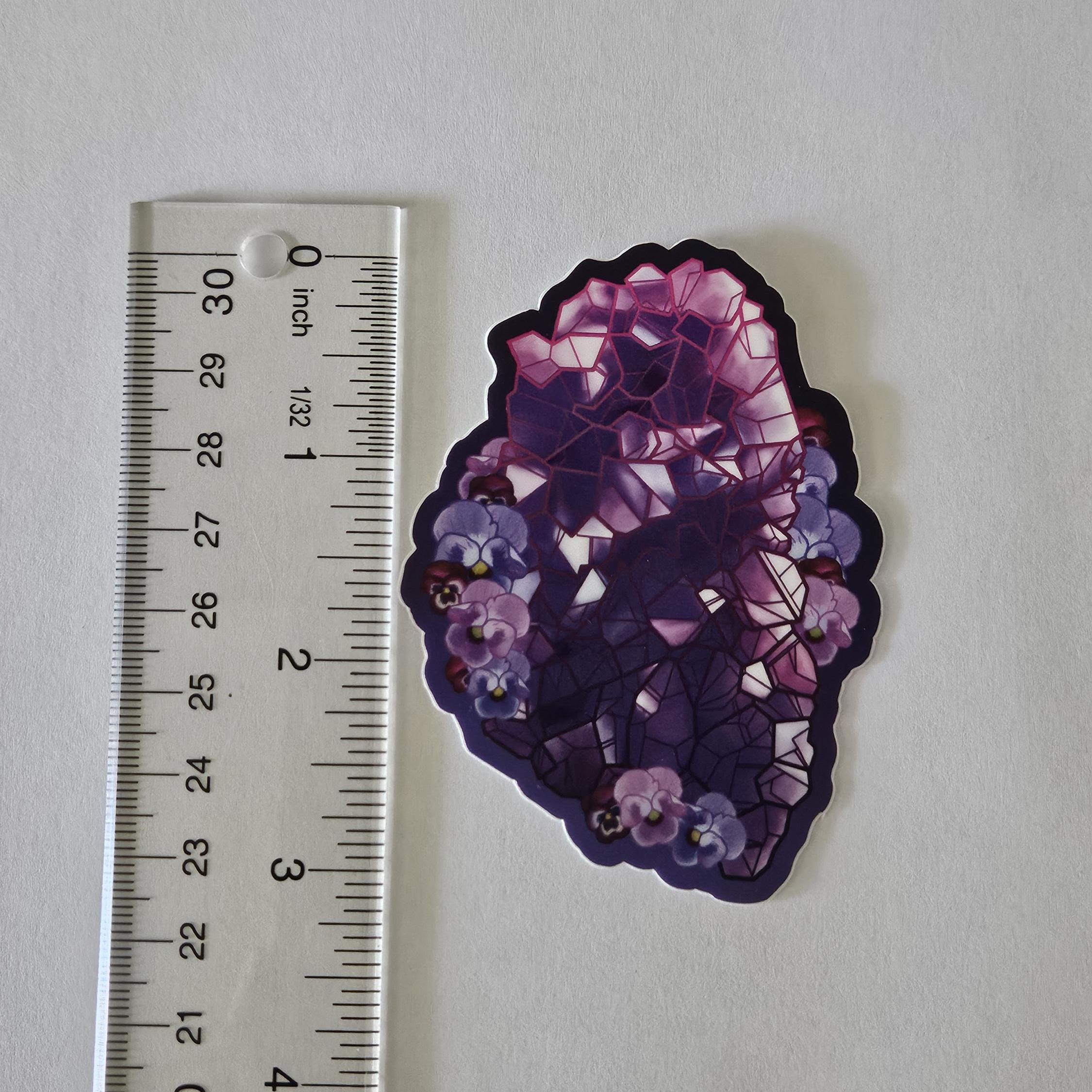 MATTE STICKER: February Amethyst and Purple Pansy Birthstone Crystal , Amethyst Crystal Sticker , Crystal Sticker , Crystal