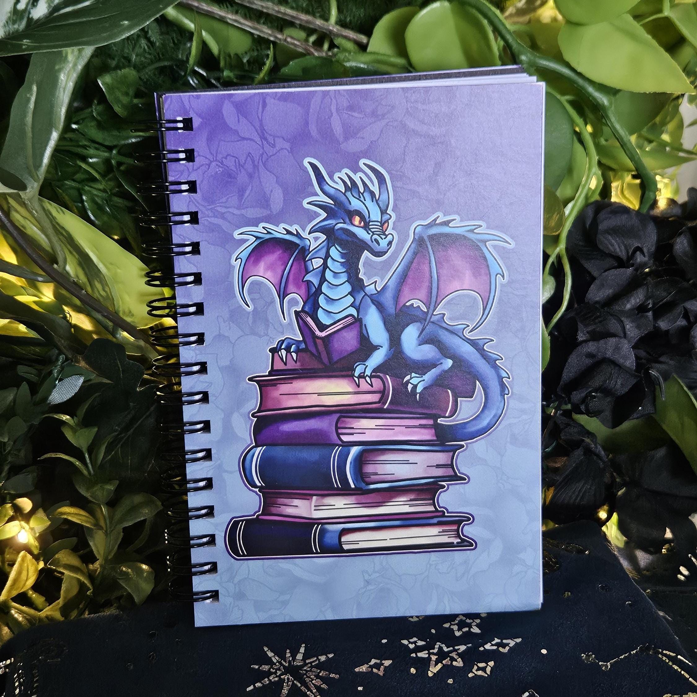 4x6 HANDMADE SPIRAL NOTEBOOK: Book Dragon with Stack of Books Acornandcrowstudio