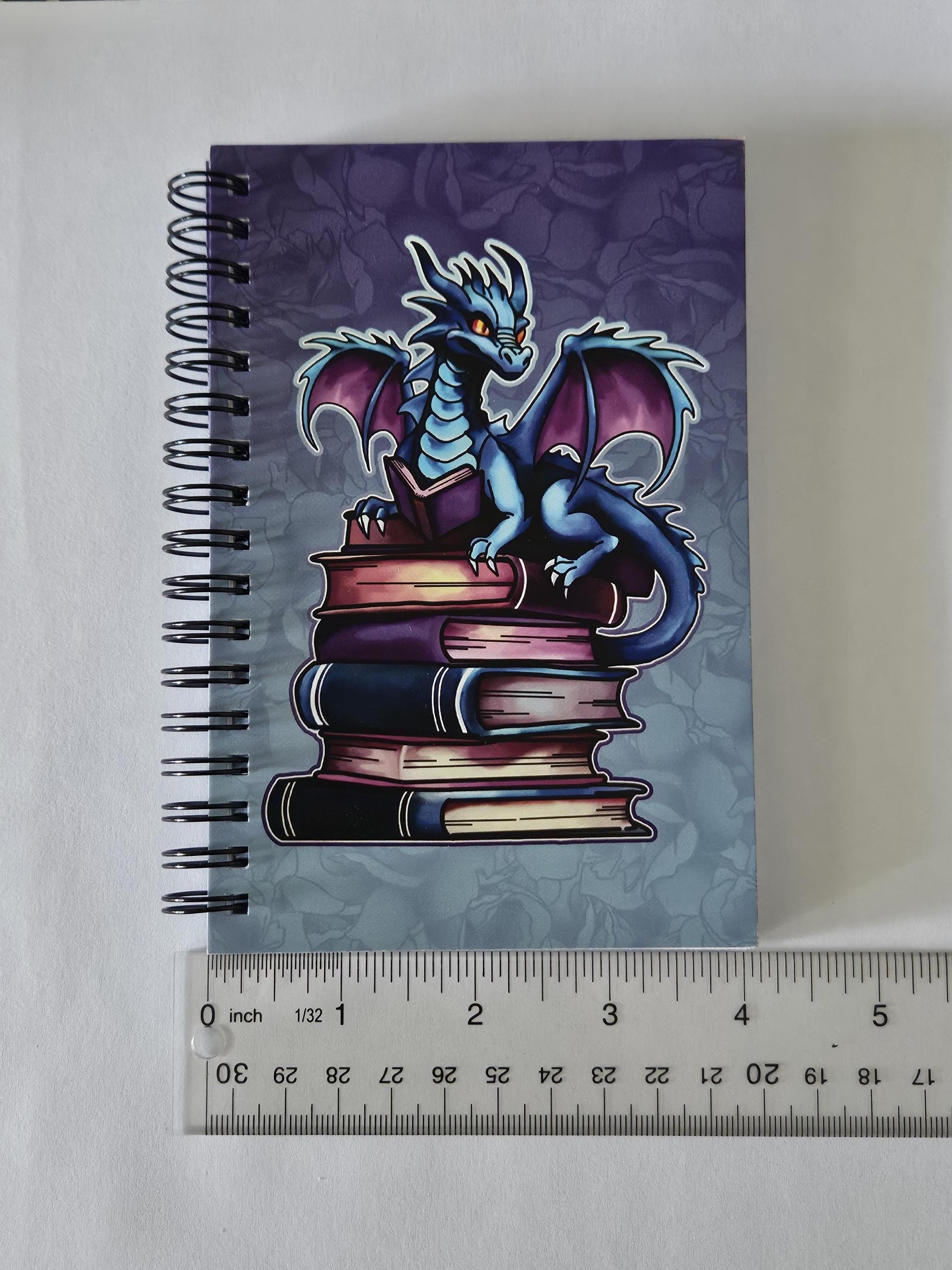 4x6 HANDMADE SPIRAL NOTEBOOK: Book Dragon with Stack of Books Acornandcrowstudio