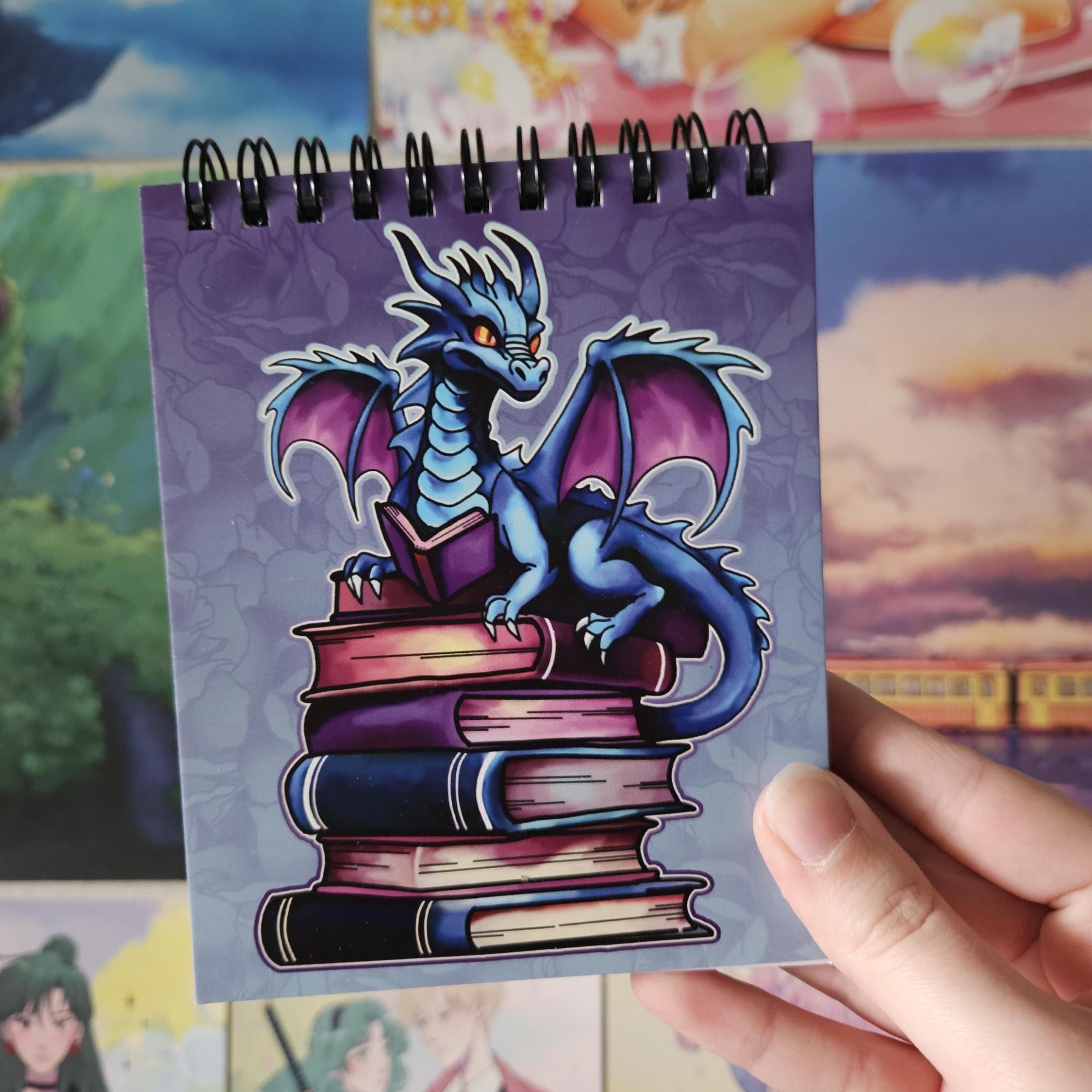4x5 inches HANDMADE Top Bound SPIRAL NOTEBOOK: Book Dragon with Stack of Books Acornandcrowstudio