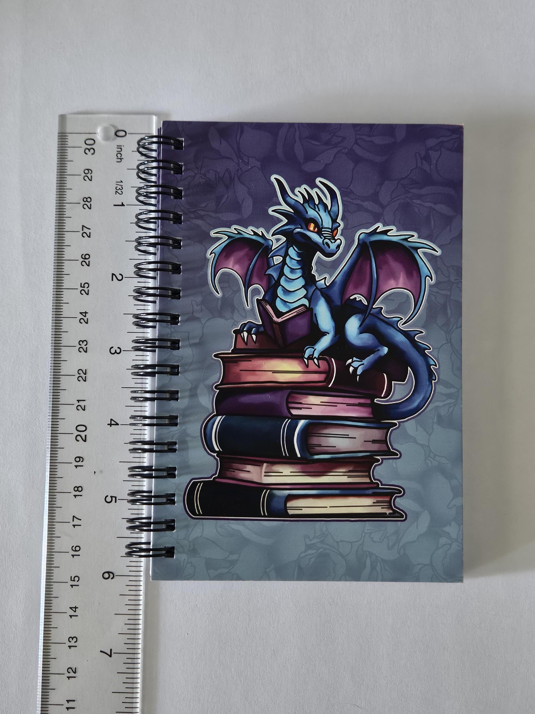 4x6 HANDMADE SPIRAL NOTEBOOK: Book Dragon with Stack of Books Acornandcrowstudio