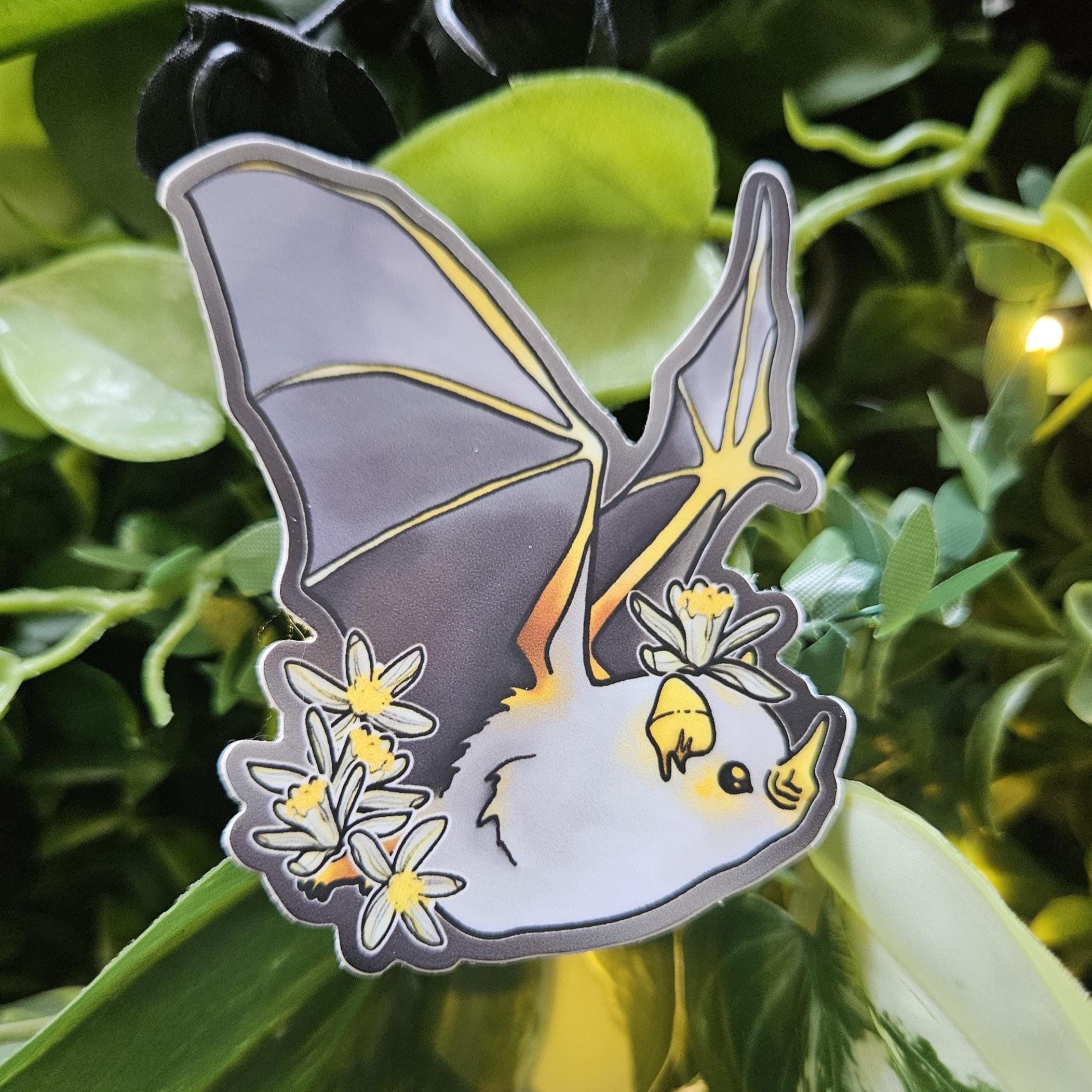 MATTE STICKER: Honduran Ghost Bat with Lemon Flowers Decorative Sticker Acornandcrowstudio