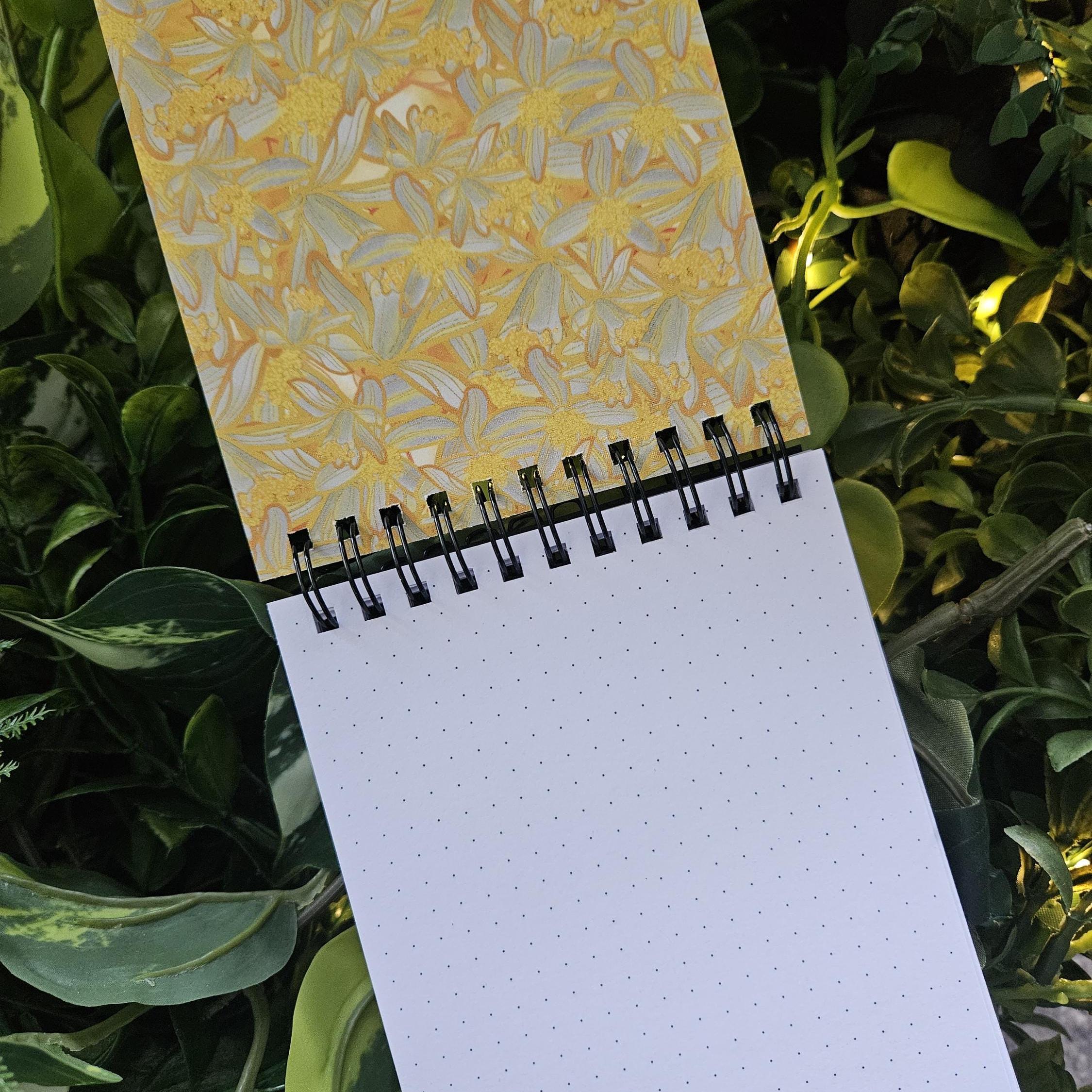 4x5 inches HANDMADE Top Bound SPIRAL NOTEBOOK: Honduran Bat with Lemon Flowers Acornandcrowstudio
