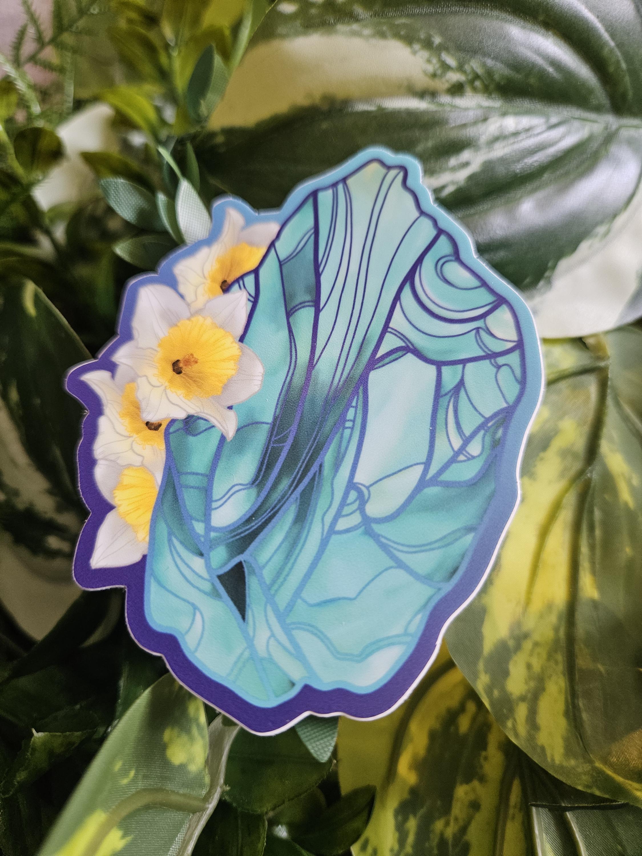 MATTE STICKER: March Birthstone Aquamarine Crystal with Daffodils Acornandcrowstudio