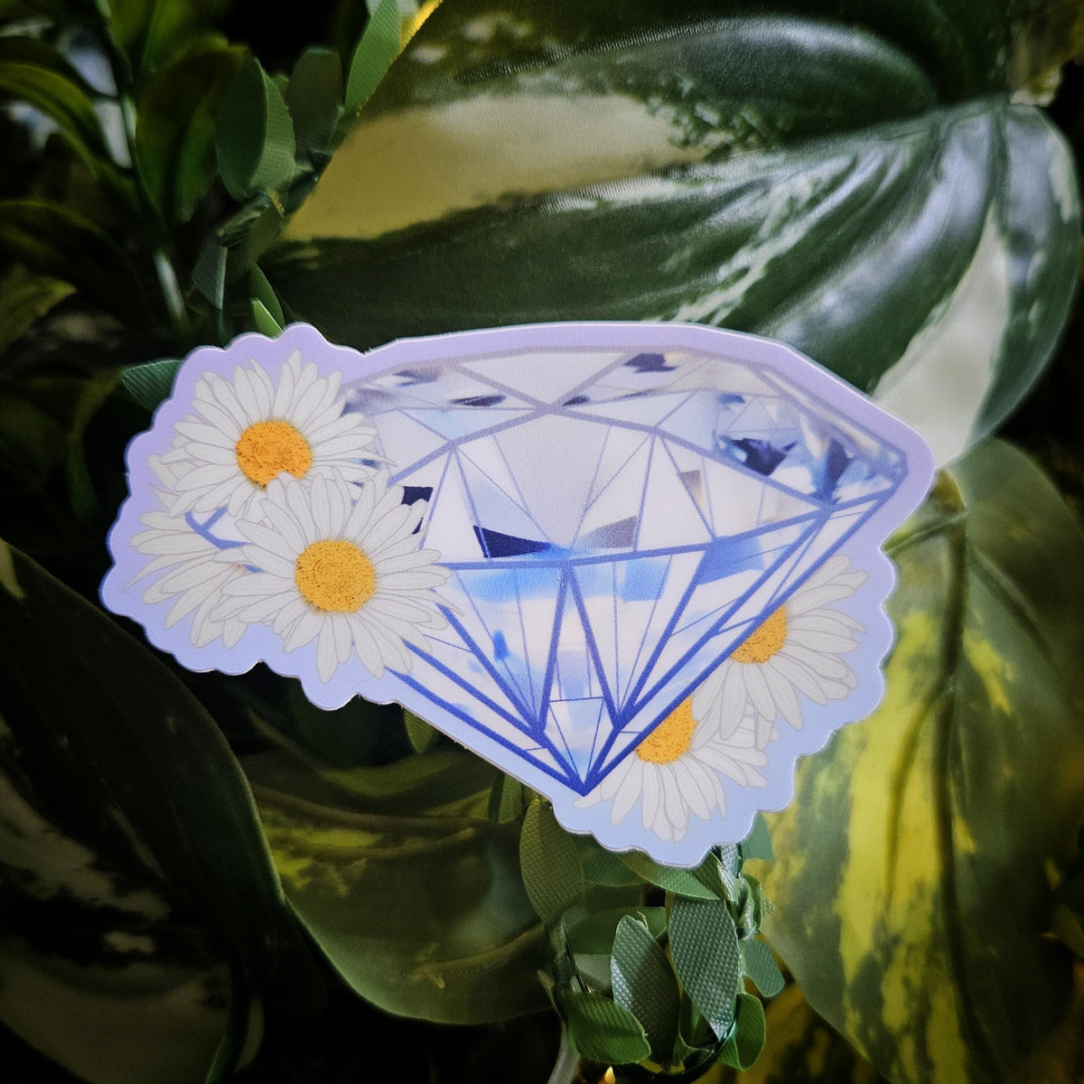 MATTE STICKER: April Birthstone Diamond Crystal with Daisies Acornandcrowstudio