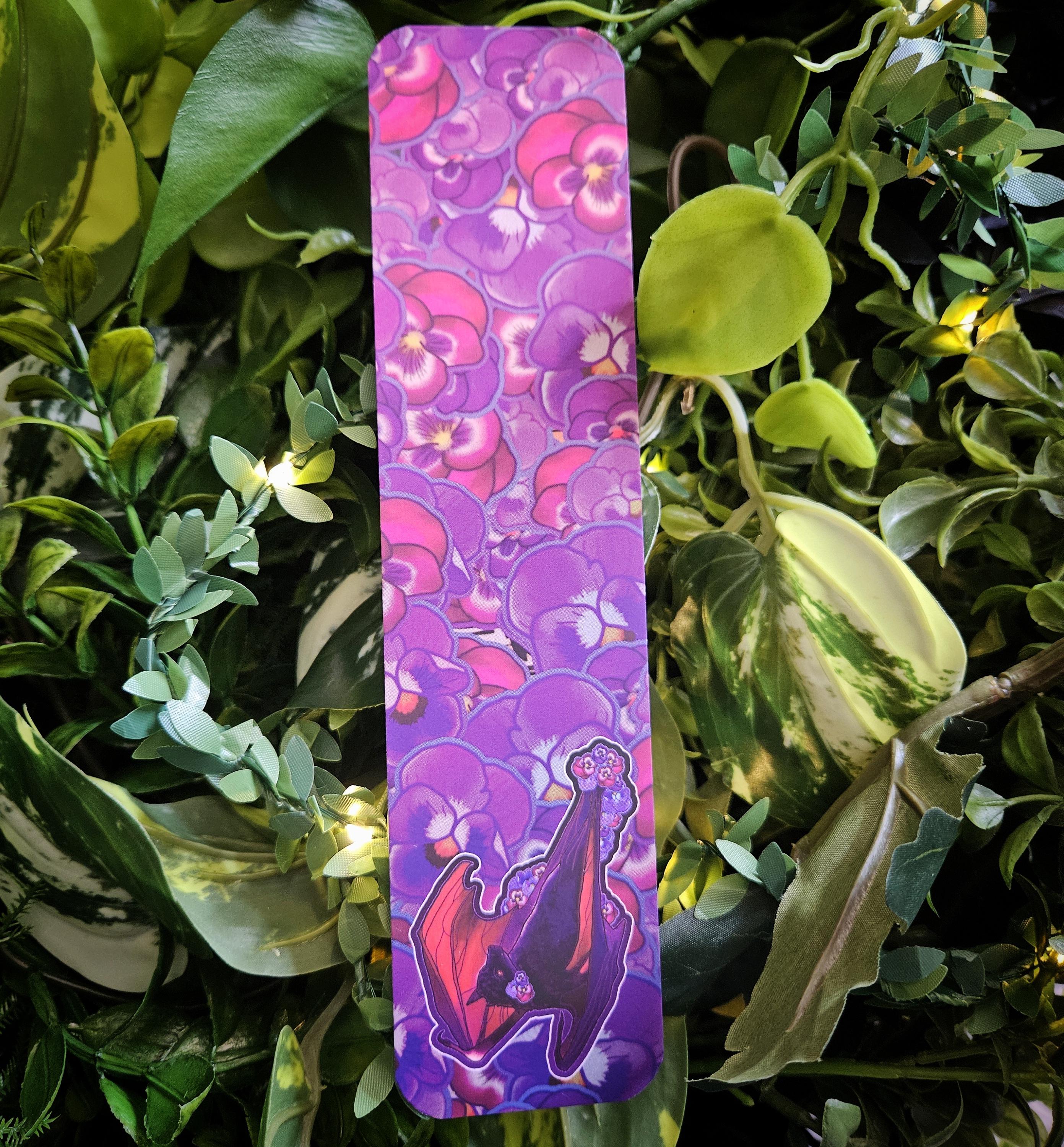 BOOKMARK: Pansy Bat , Purple and Red Pansies and Bat Bookmark , Blossoms and Bat , Pansy Floral and Bat Acornandcrowstudio