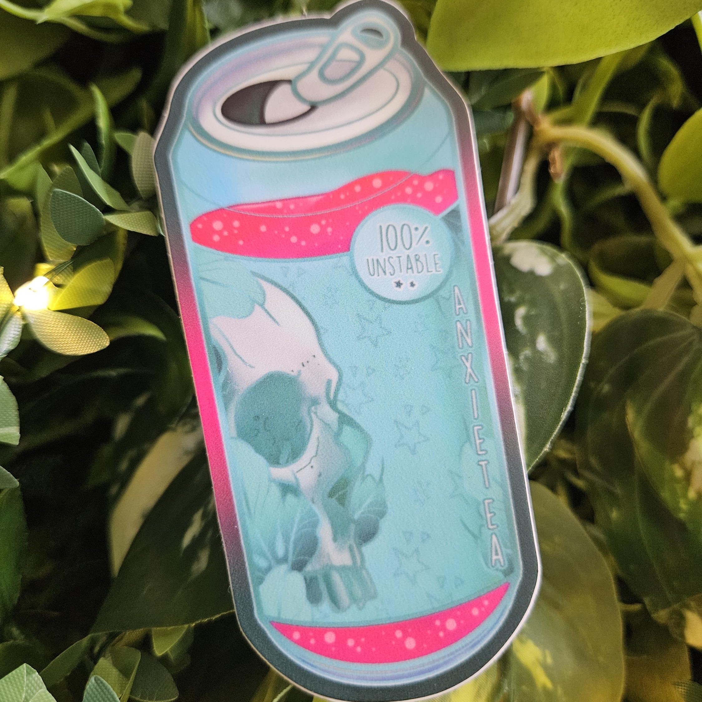 MATTE STICKER: Anxietea Teal and Pink 'Tea' Can