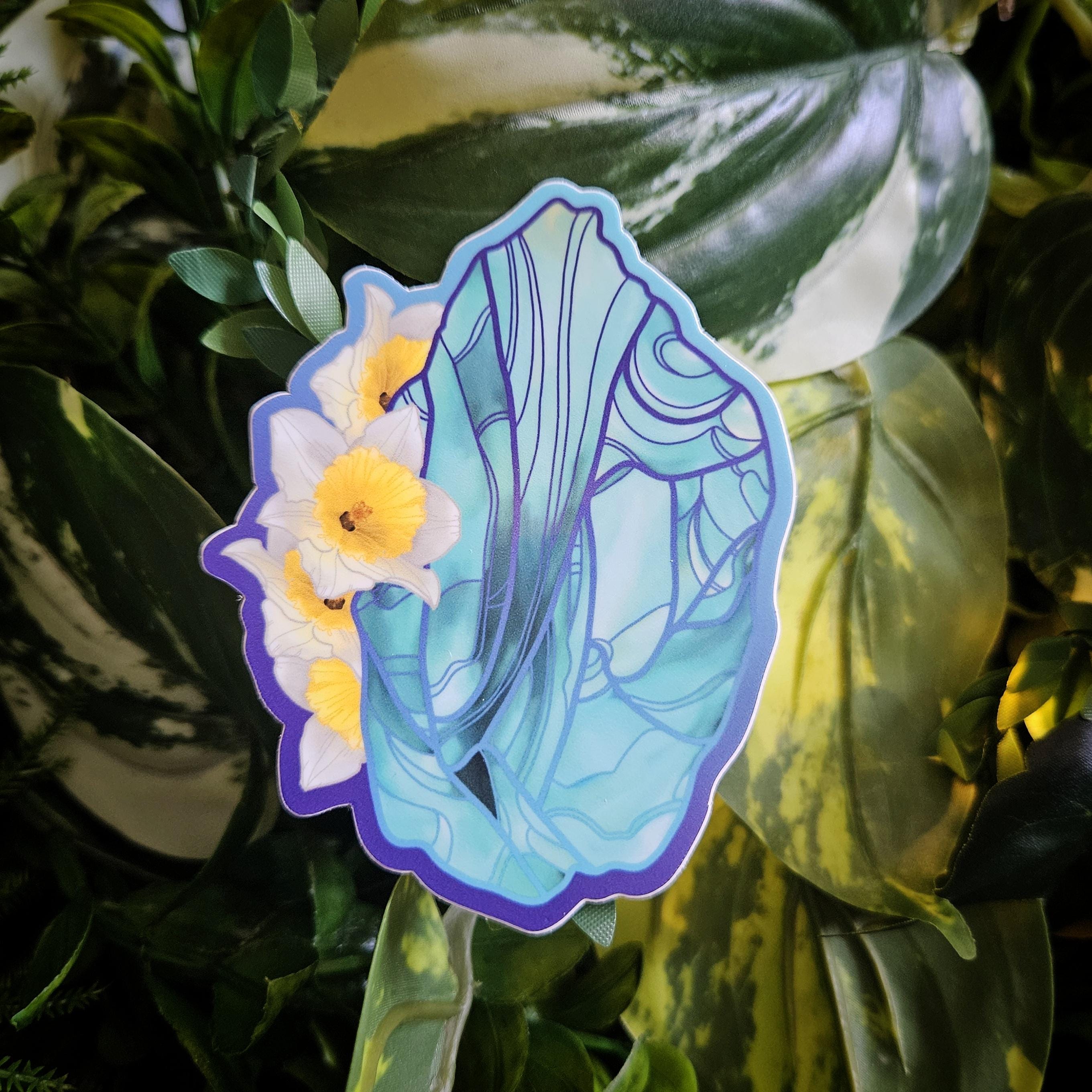 MATTE STICKER: March Birthstone Aquamarine Crystal with Daffodils Acornandcrowstudio
