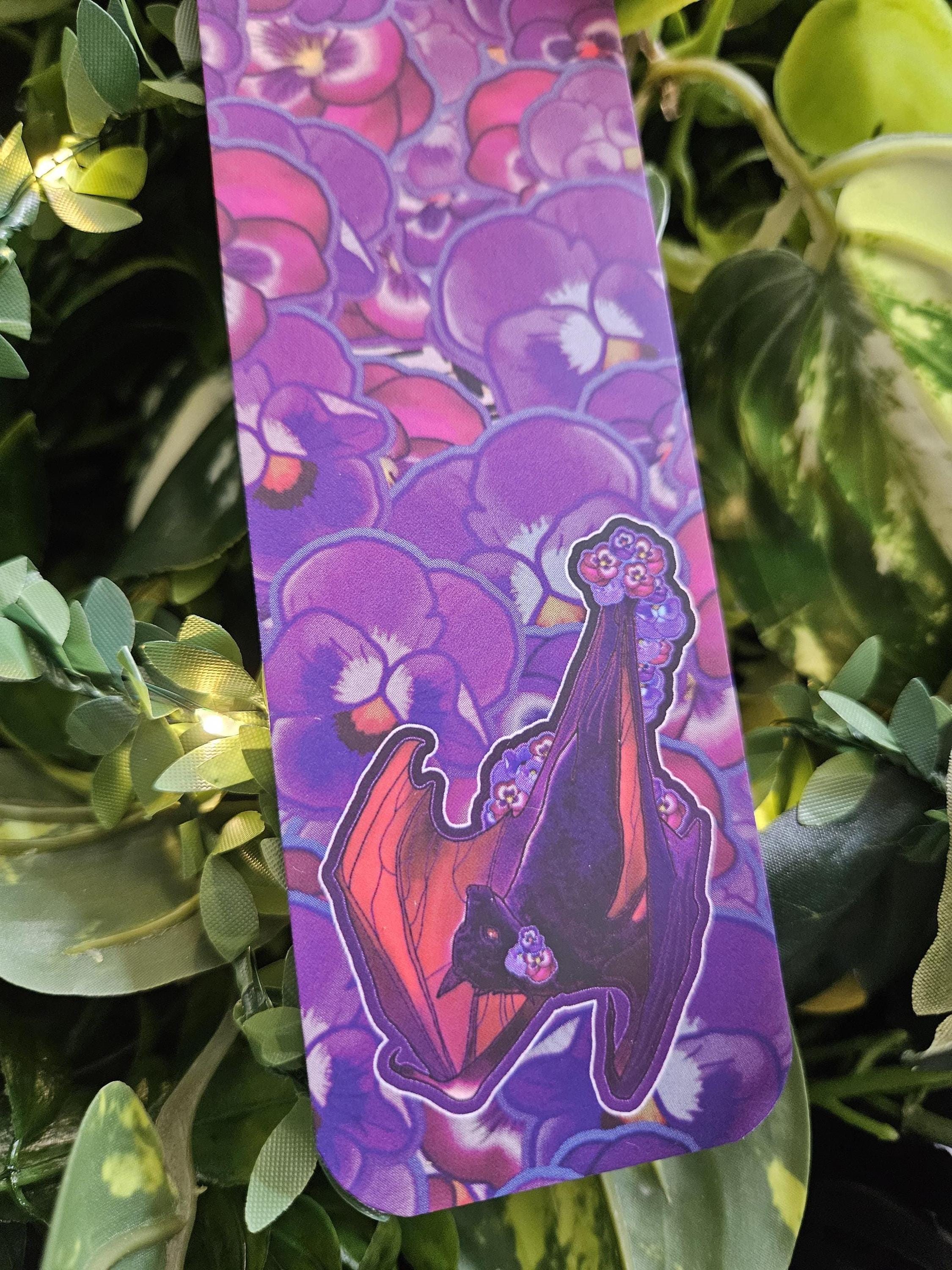 BOOKMARK: Pansy Bat , Purple and Red Pansies and Bat Bookmark , Blossoms and Bat , Pansy Floral and Bat Acornandcrowstudio