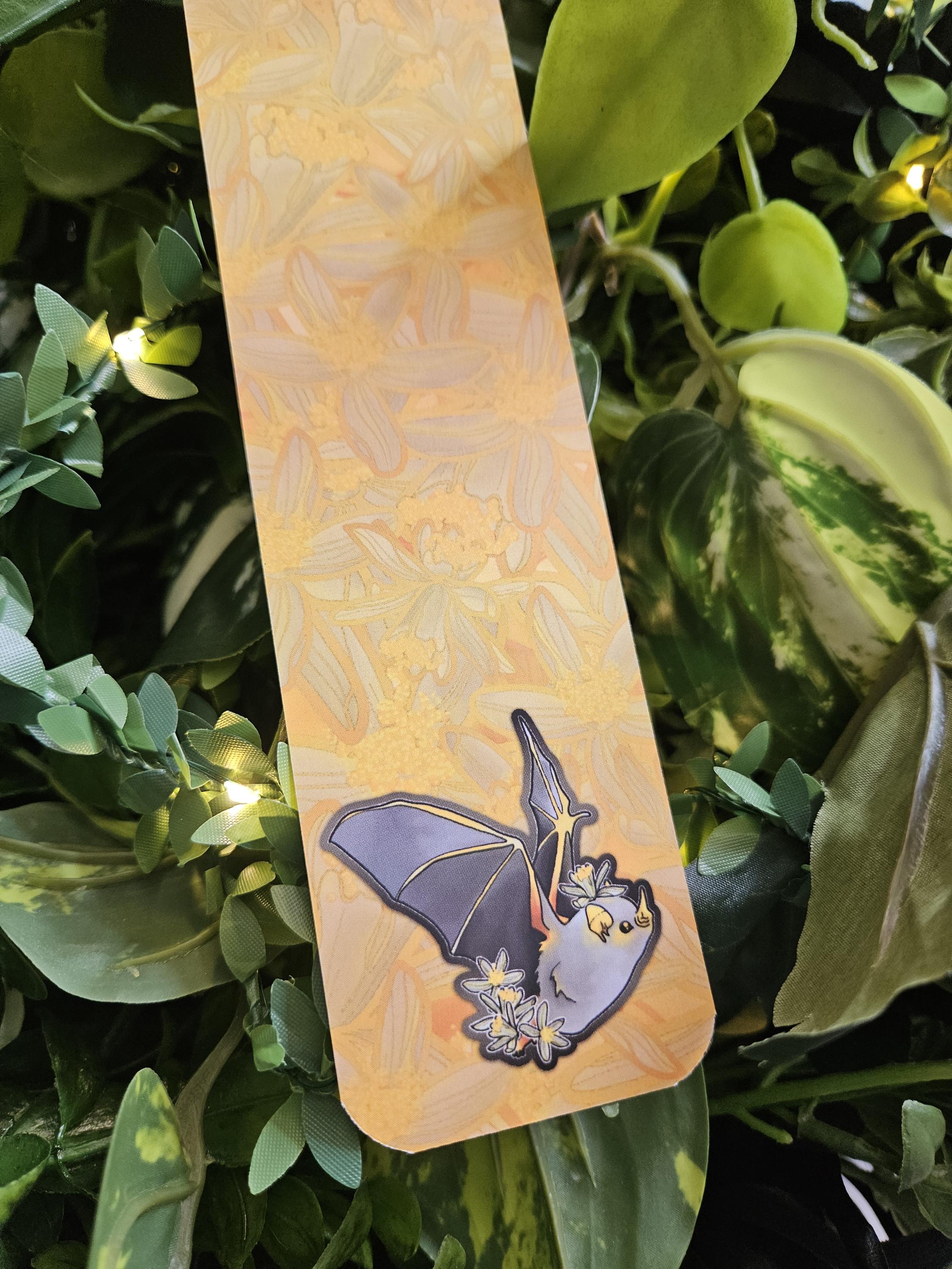 BOOKMARK: Honduran Ghost Bat with Lemon Flowers Acornandcrowstudio