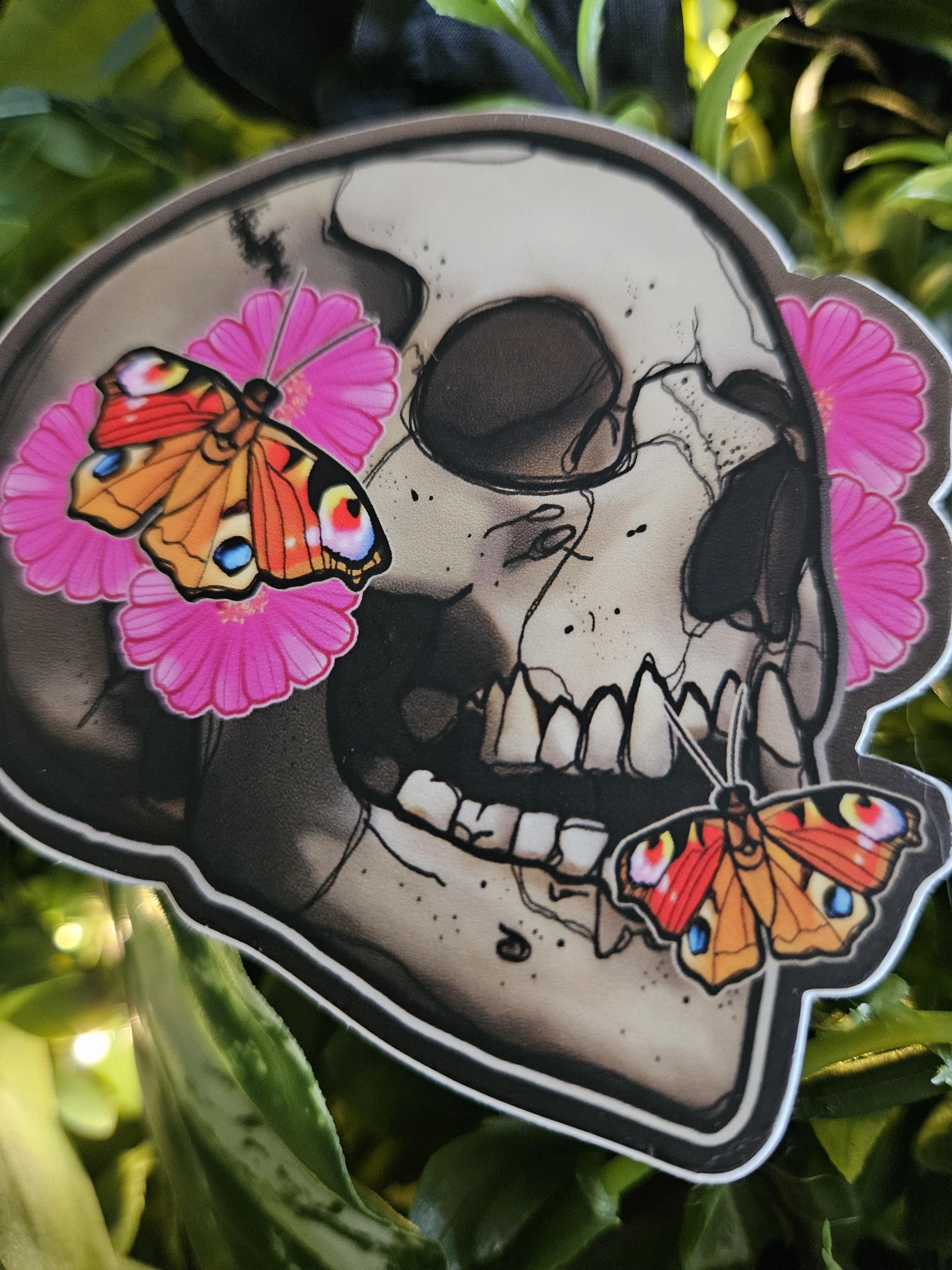 MATTE STICKER: Flourish Skull with Zinnia and Peacock Butterflies , Skull Sticker , Sketchy Skull Art , Floral Skull Sticker