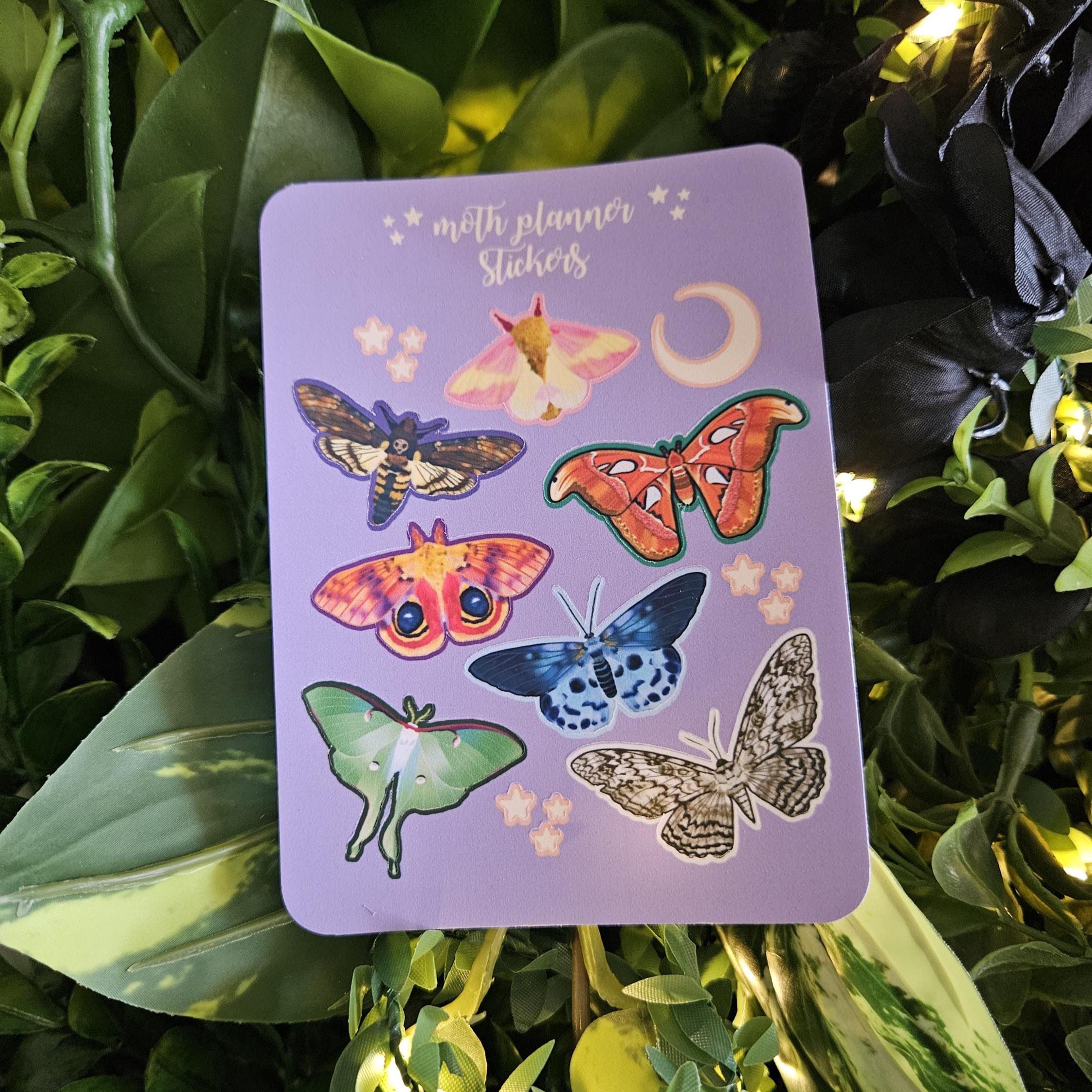PLANNER STICKER SHEET : Moths Moon and Stars , Planner Stickers , Paper Planner Stickers , Moth Journal Stickers , Journaling Stickers