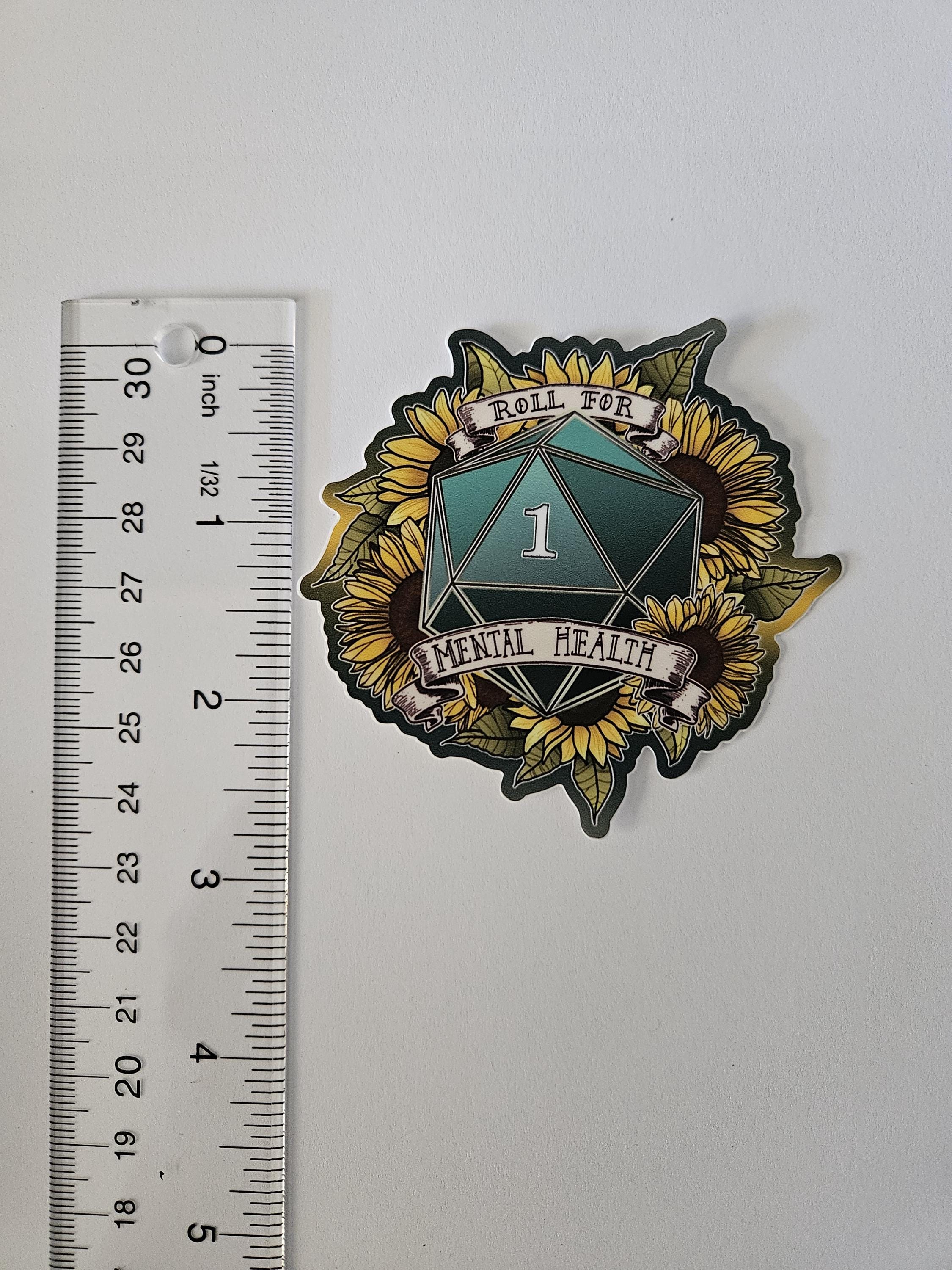 MATTE STICKER: D20 Roll for Mental Health Natural One , Floral D20 Sticker , Floral D20 Stickers, D20 Sticker , D20 Natural One Sticker Acornandcrowstudio