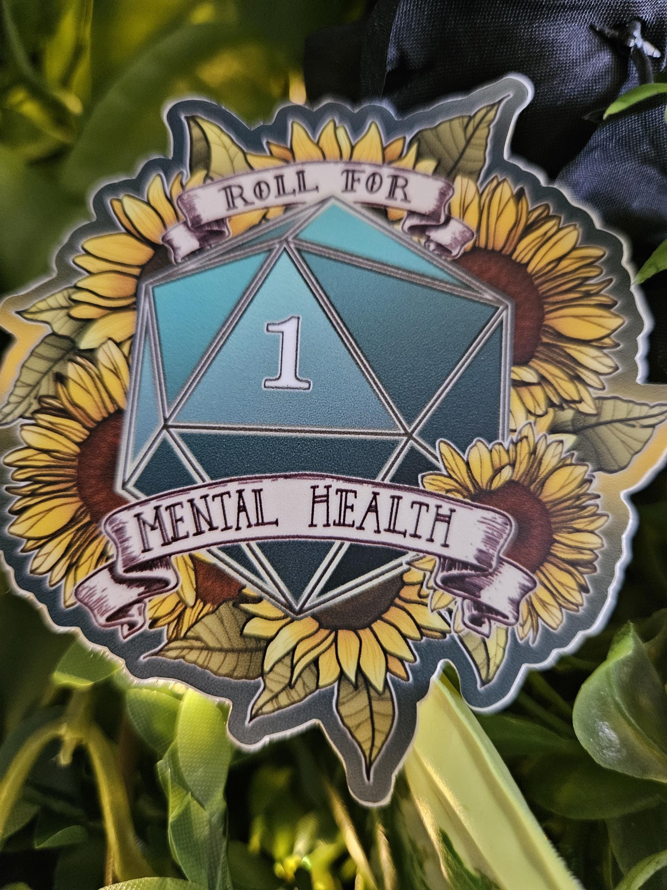 MATTE STICKER: D20 Roll for Mental Health Natural One , Floral D20 Sticker , Floral D20 Stickers, D20 Sticker , D20 Natural One Sticker Acornandcrowstudio