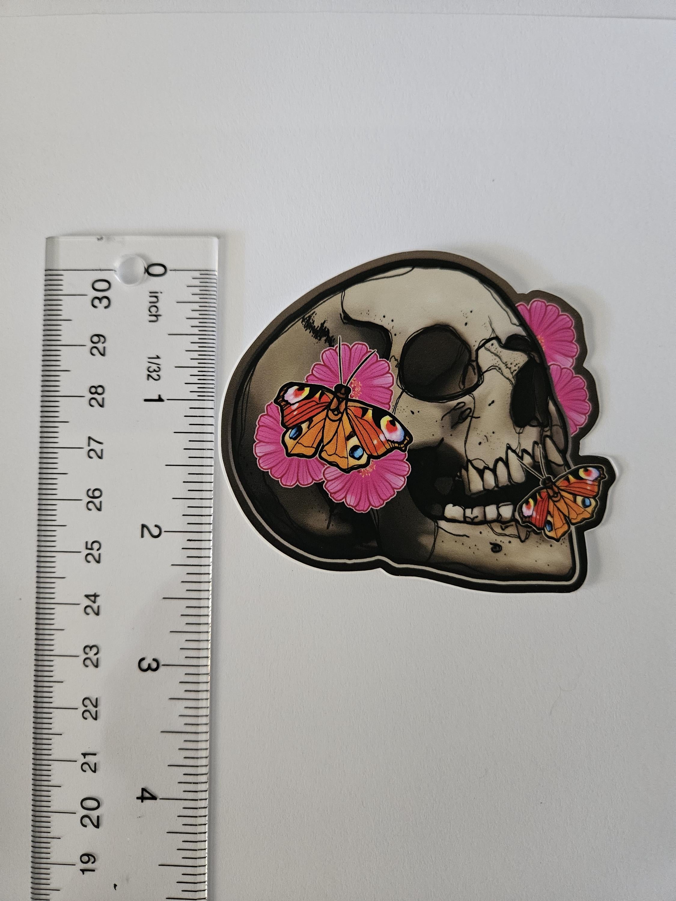 MATTE STICKER: Flourish Skull with Zinnia and Peacock Butterflies , Skull Sticker , Sketchy Skull Art , Floral Skull Sticker